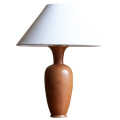 Gunnar Nylund, Table Lamp, Brown Glazed Stoneware, Brass, Rörstand Sweden, 1950s