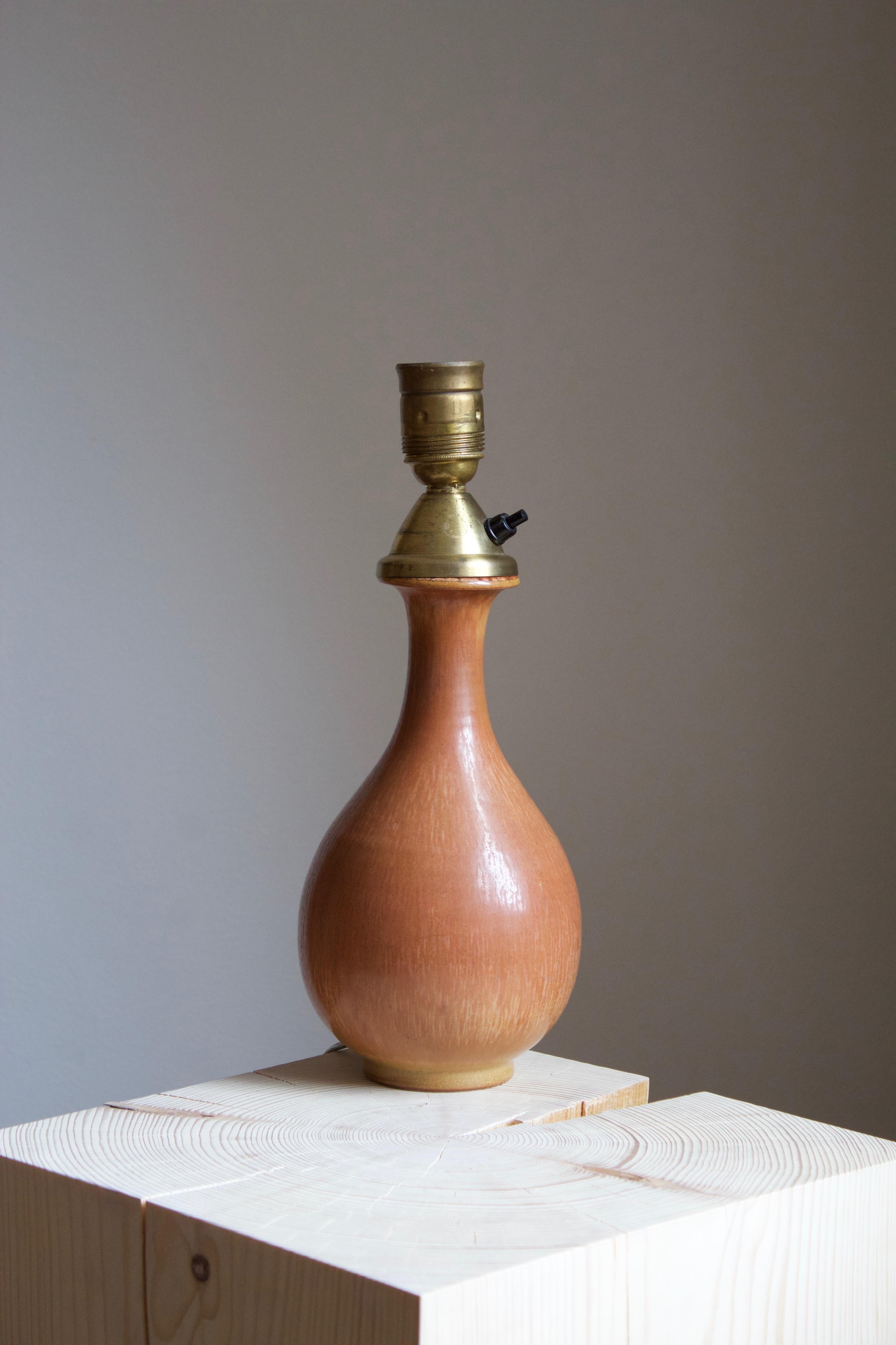 Mid-Century Modern Gunnar Nylund, Table Lamp, Glazed Stoneware, brass, Rörstand, Sweden, 1950s