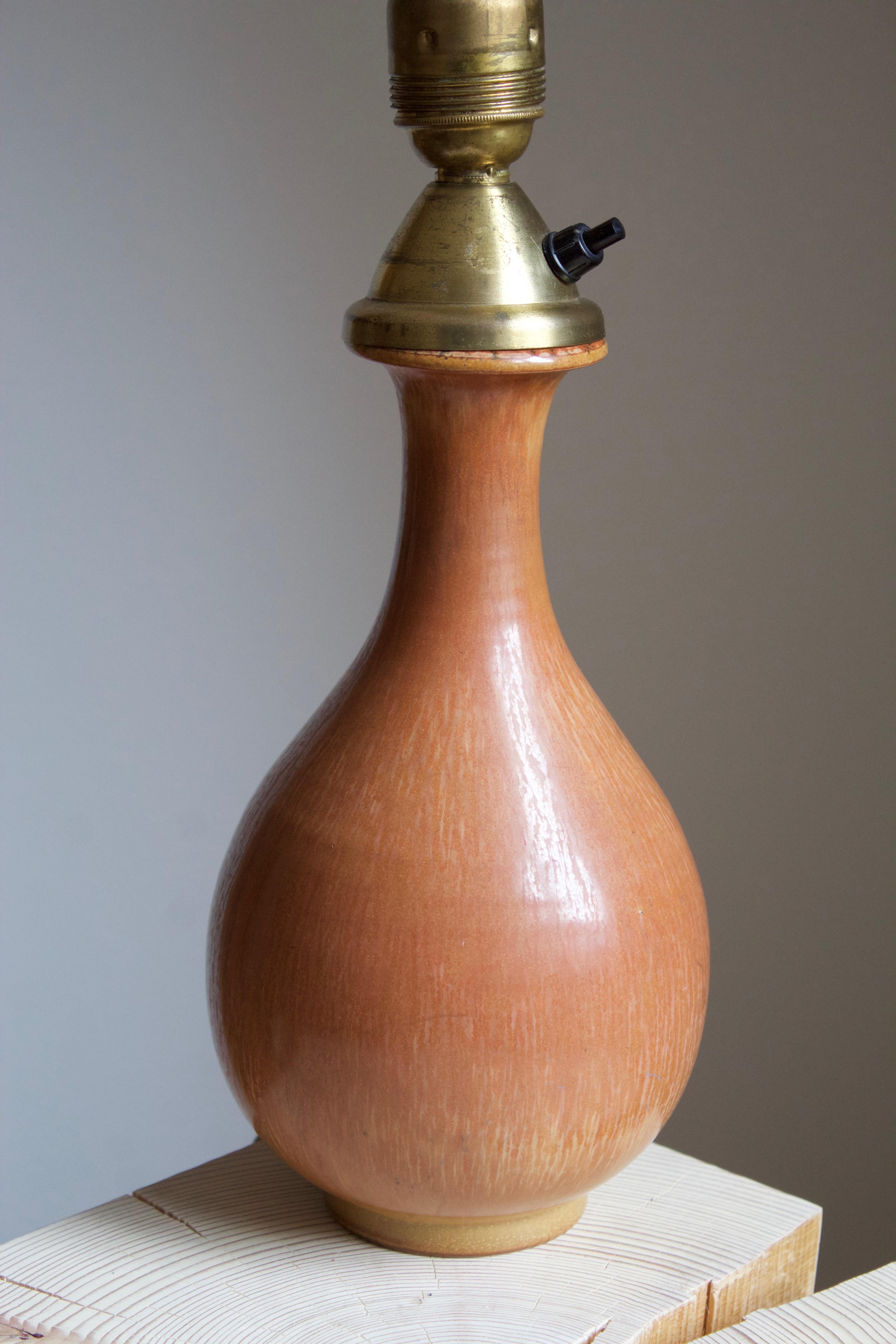 European Gunnar Nylund, Table Lamp, Glazed Stoneware, brass, Rörstand, Sweden, 1950s