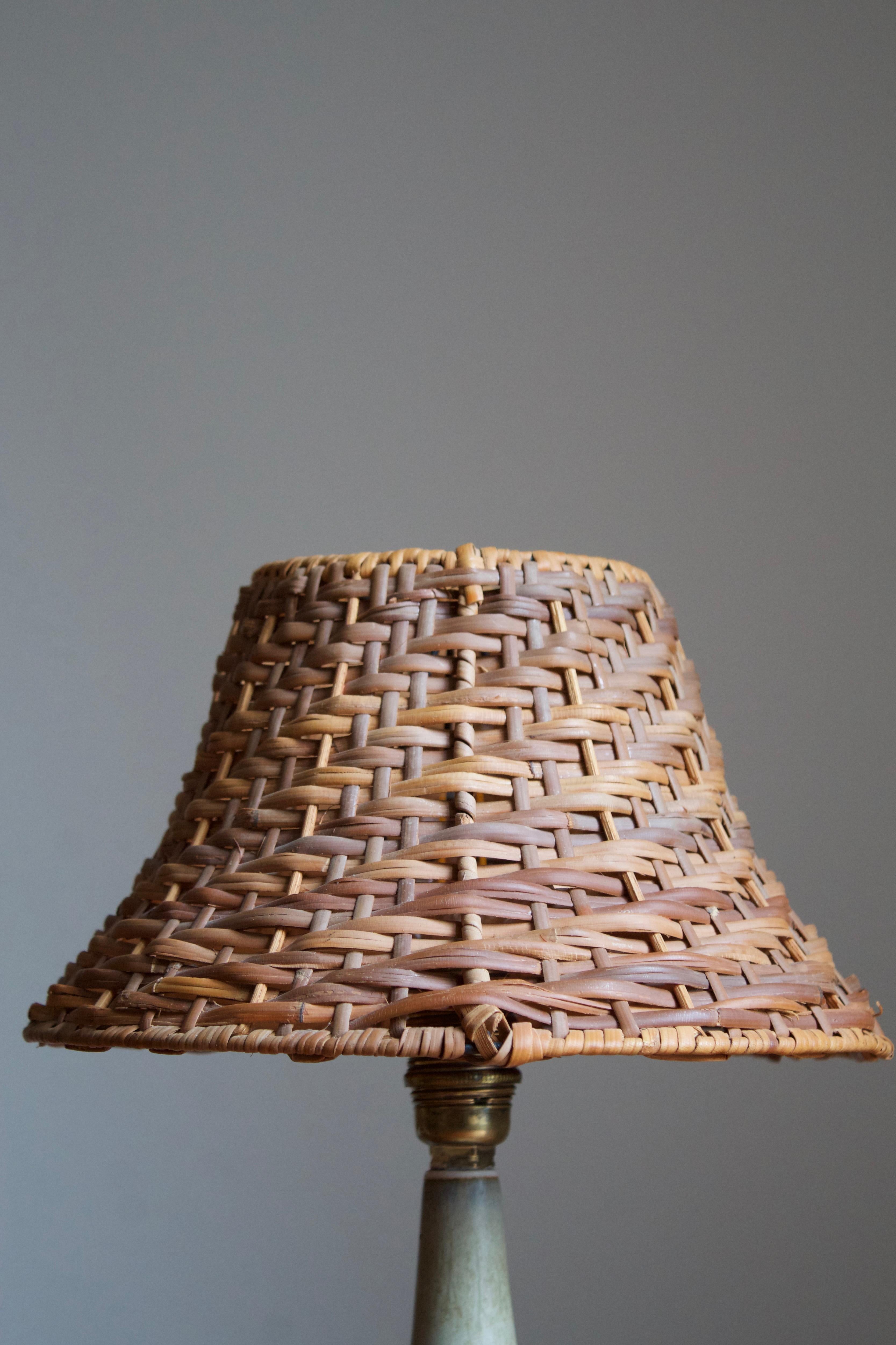 European Gunnar Nylund, Table Lamp, Glazed Stoneware, Rattan Rörstand, Sweden, 1950s