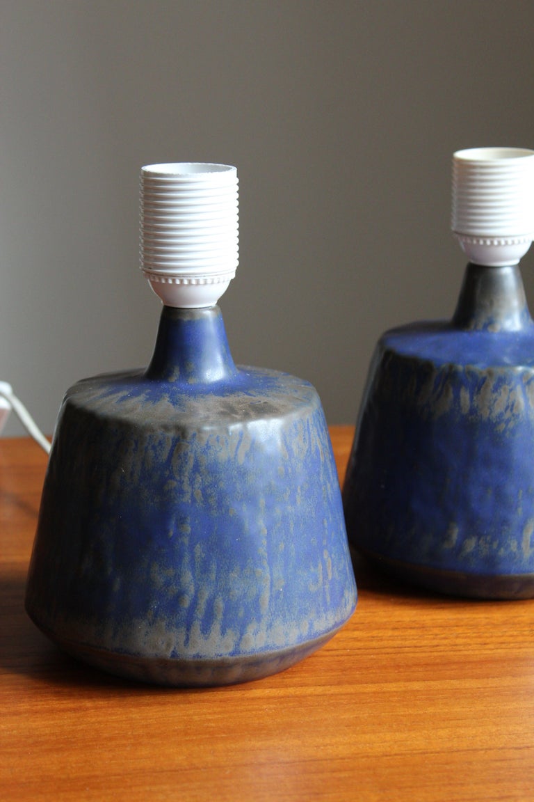 European Gunnar Nylund, Table Lamps, Blue-Glazed Stoneware, Rörstand, Sweden, 1950s