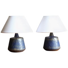 Gunnar Nylund, Table Lamps, Blue-Glazed Stoneware, Rörstand, Sweden, 1950s