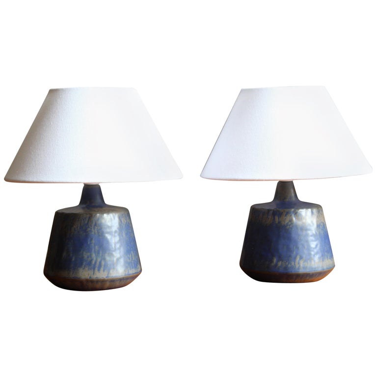 Gunnar Nylund, Table Lamps, Blue-Glazed Stoneware, Rörstand, Sweden, 1950s