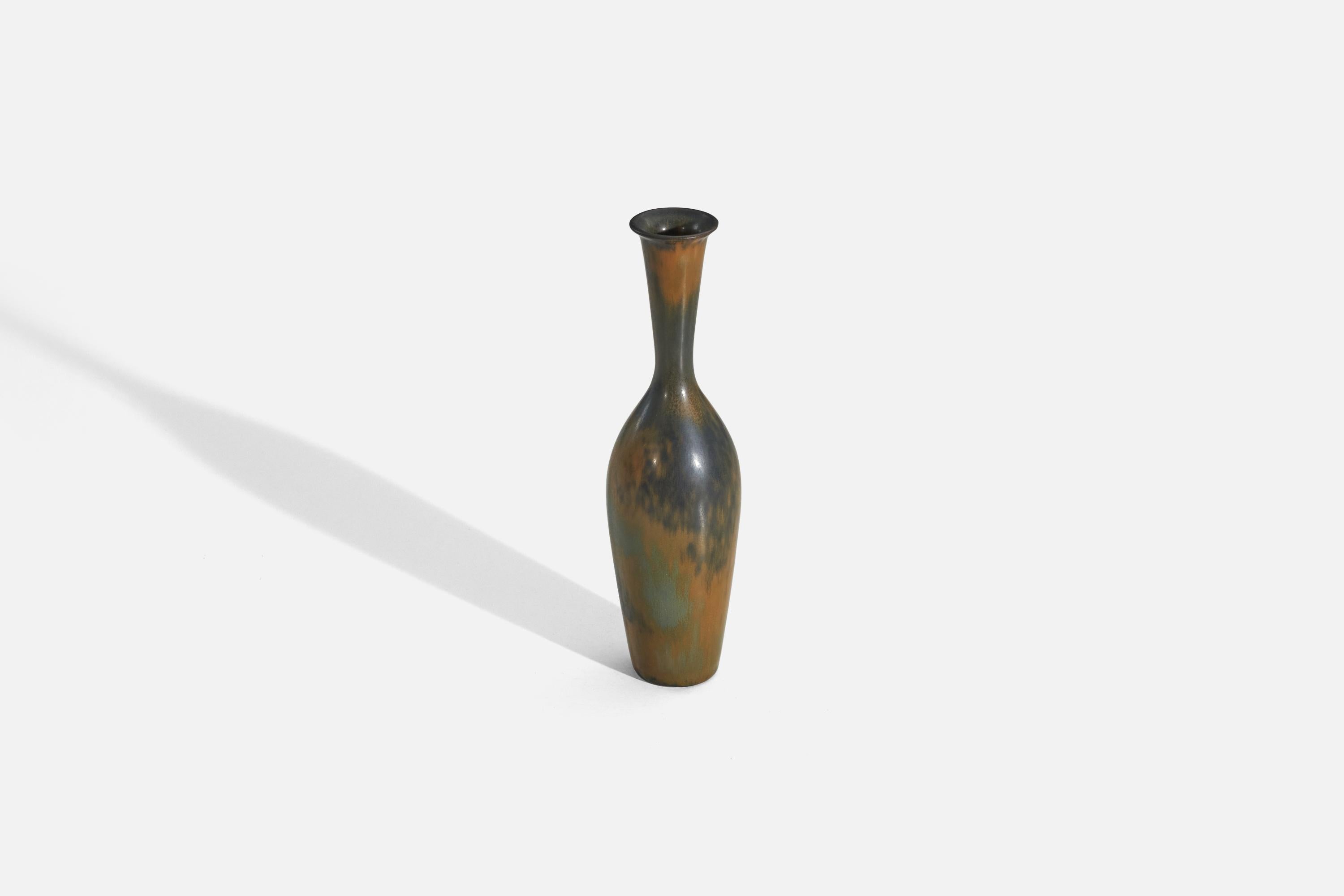 Mid-Century Modern Gunnar Nylund, Vase, Blue and Brown-Glazed Stoneware, Rörstand, Sweden, 1950s For Sale