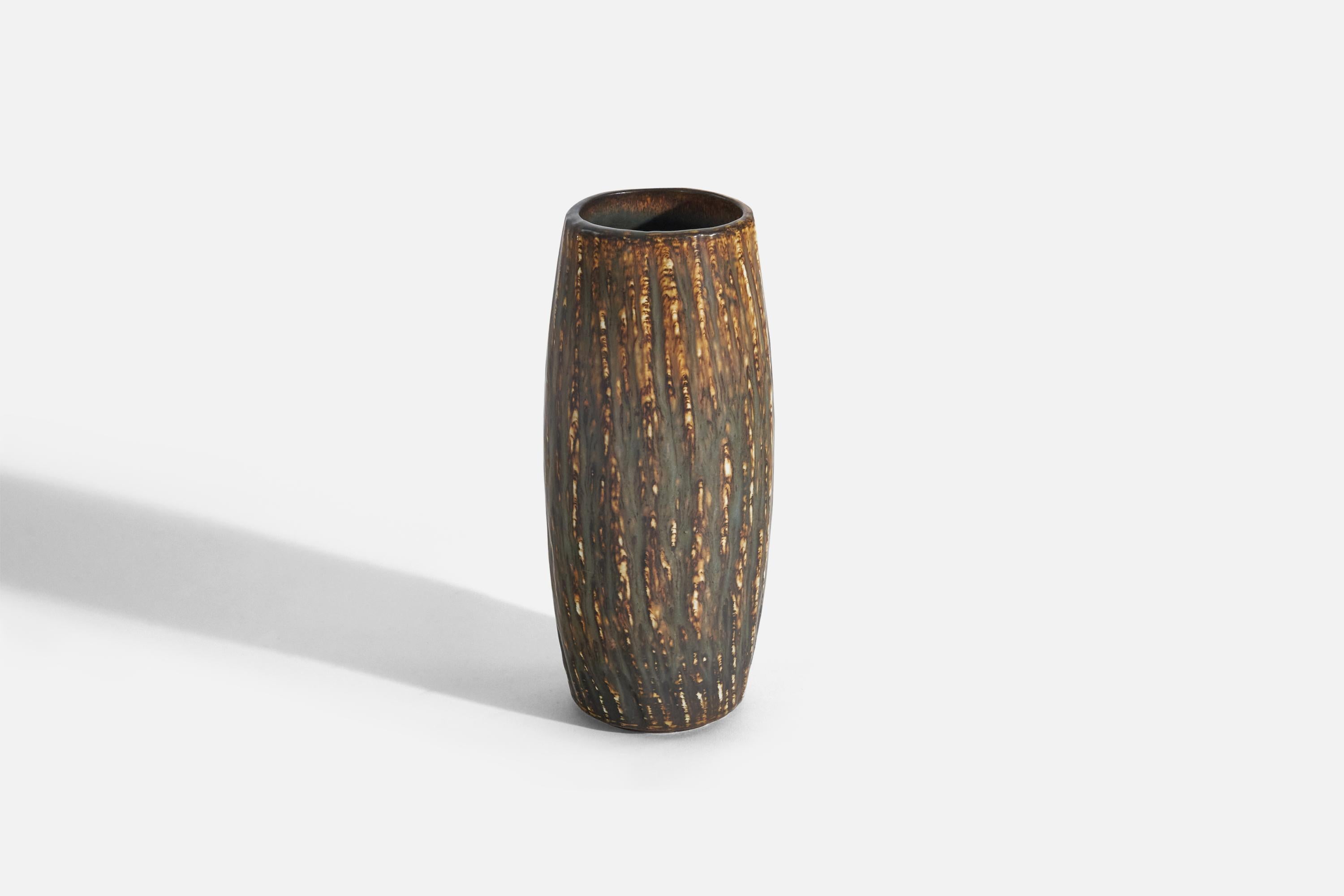 A brown and yellow-glazed stoneware vase designed by Gunnar Nylund and produced by Rörstrand, Sweden, 1950s.