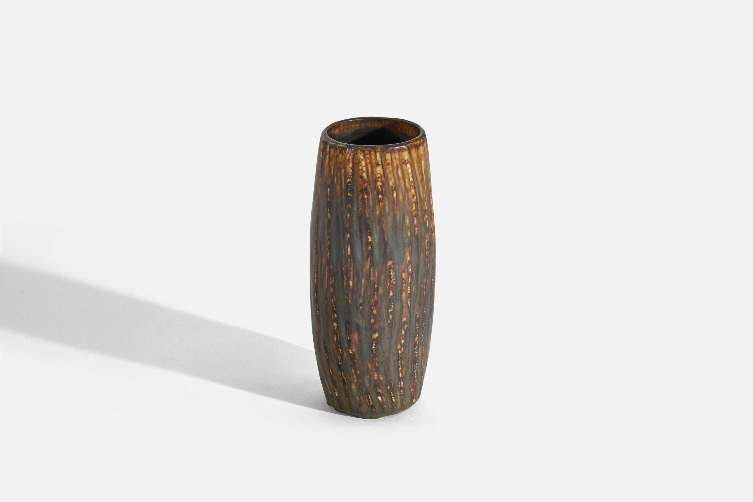 A brown and yellow-glazed stoneware vase designed by Gunnar Nylund and produced by Rörstrand, Sweden, 1950s.