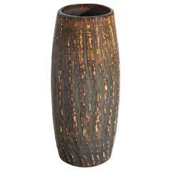 Gunnar Nylund, Vase, Braunes und gelb glasiertes Steingut, Rörstrand, Schweden, 1950er Jahre