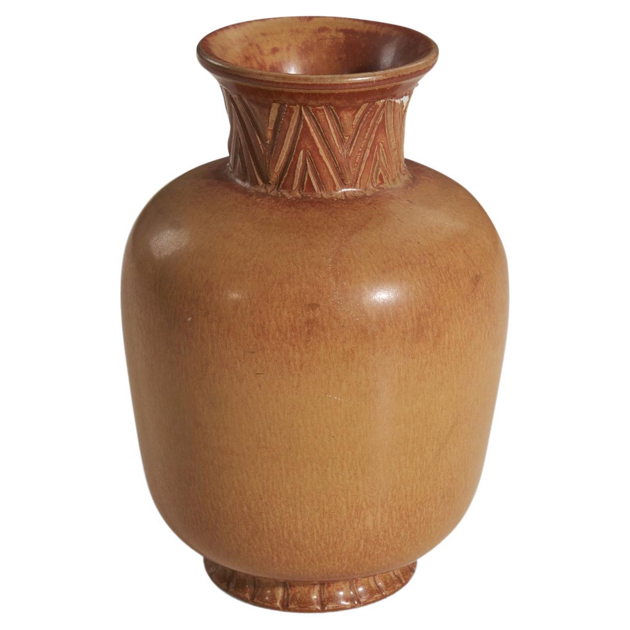 Gunnar Nylund, Vase, Brown Glazed Incised Stoneware, Rörstand, Sweden, 1950s For Sale