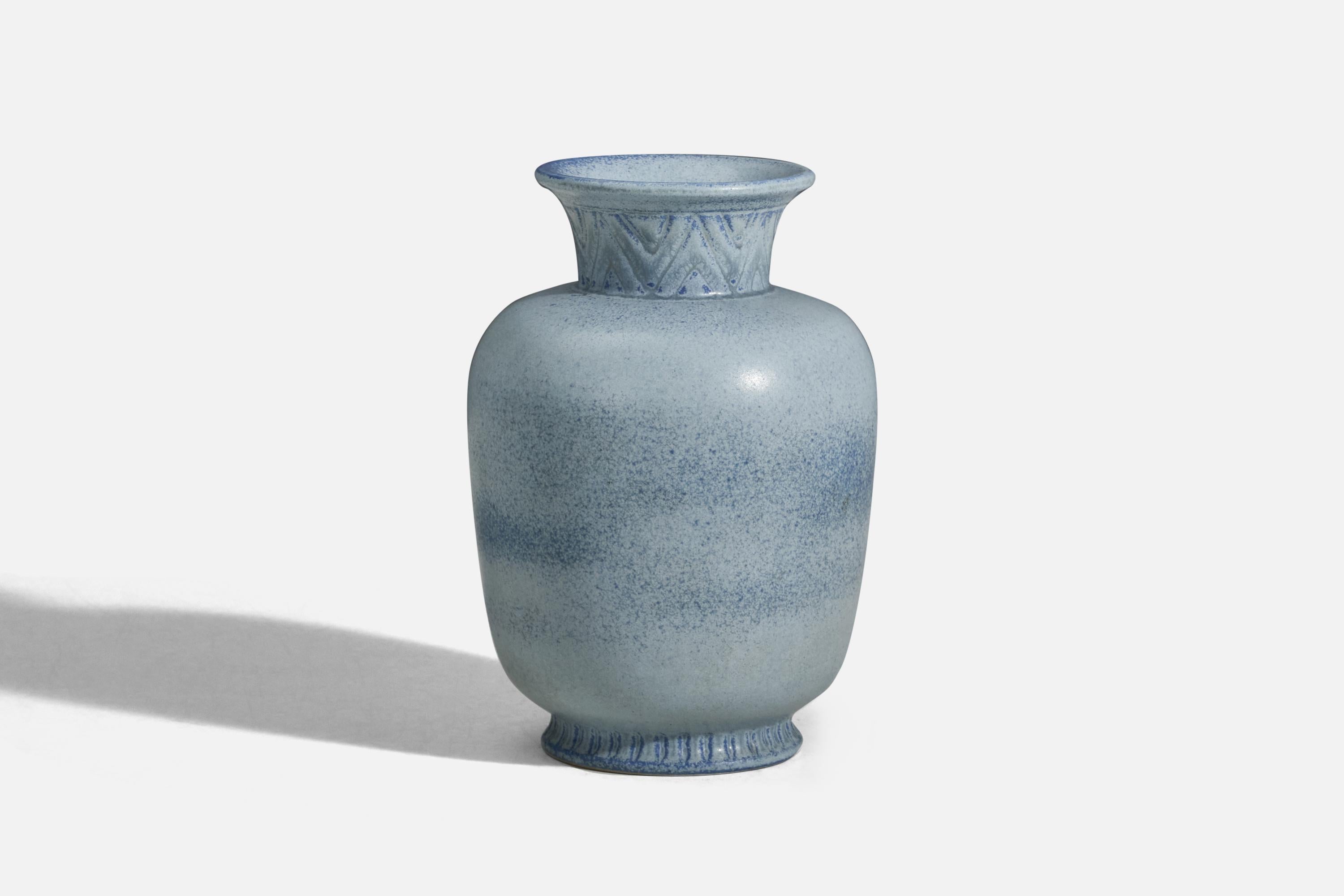 A light-blue glazed stoneware vase designed by Gunnar Nylund and produced by Rörstrand, Sweden, 1950s.