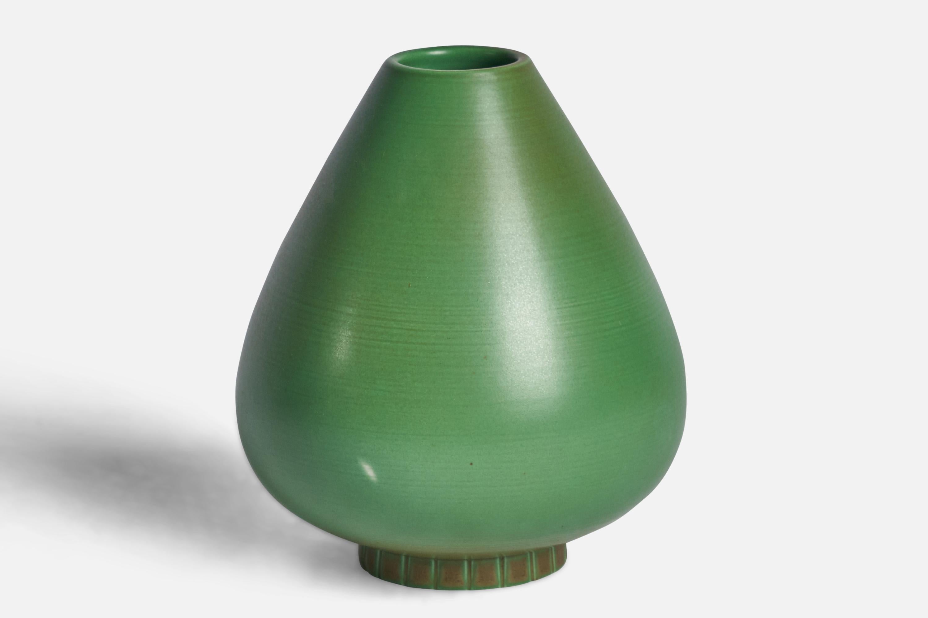 A green-glazed stoneware vase designed by Gunnar Nylund and produced by Rörstrand, Sweden, 1940s.