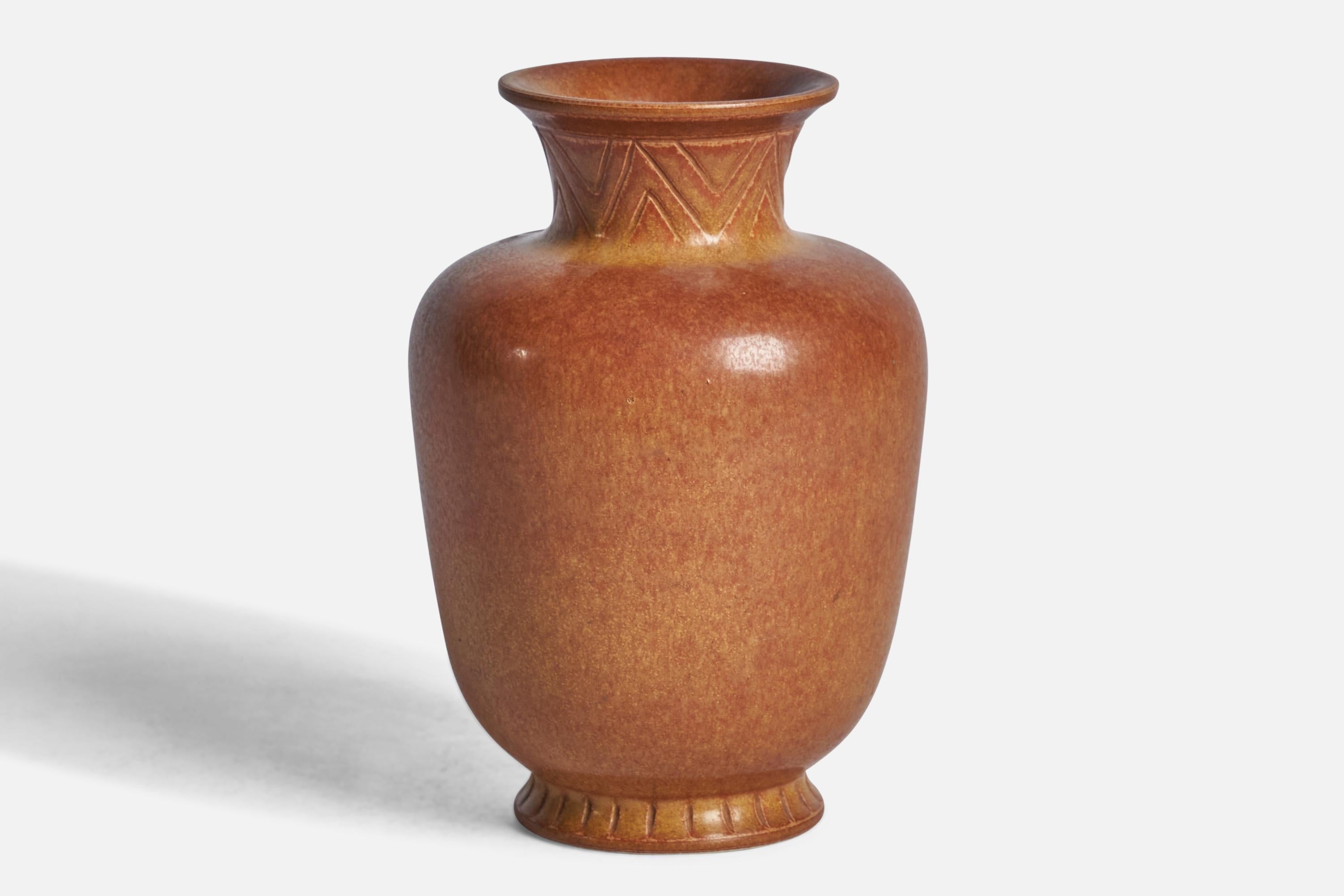 A brown-glazed stoneware vase designed by Gunnar Nylund and produced by Rörstrand, Sweden, 1940s.