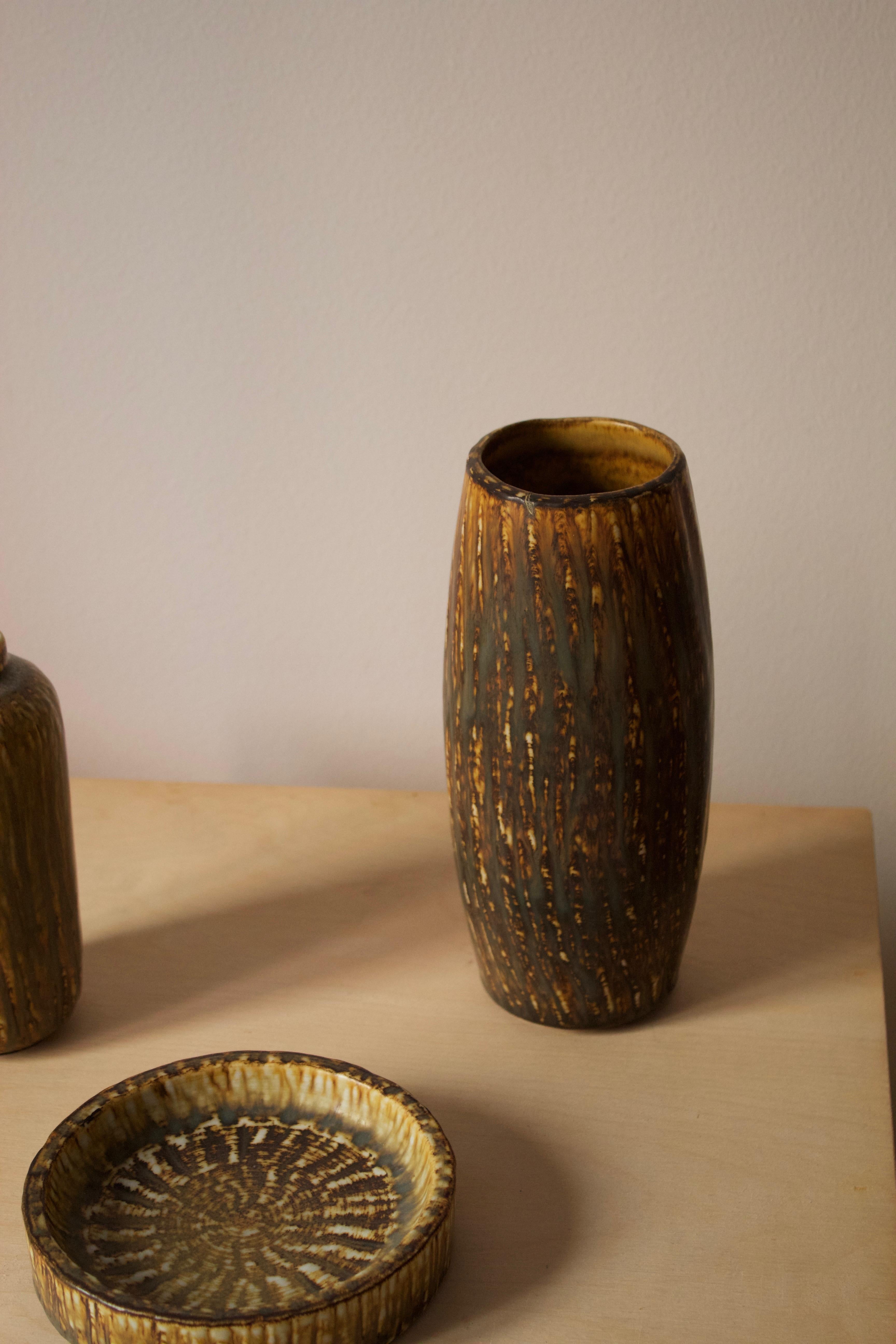 Mid-Century Modern Gunnar Nylund, Vases and Dish, Glazed Stoneware, Rörstand, Sweden, 1950s