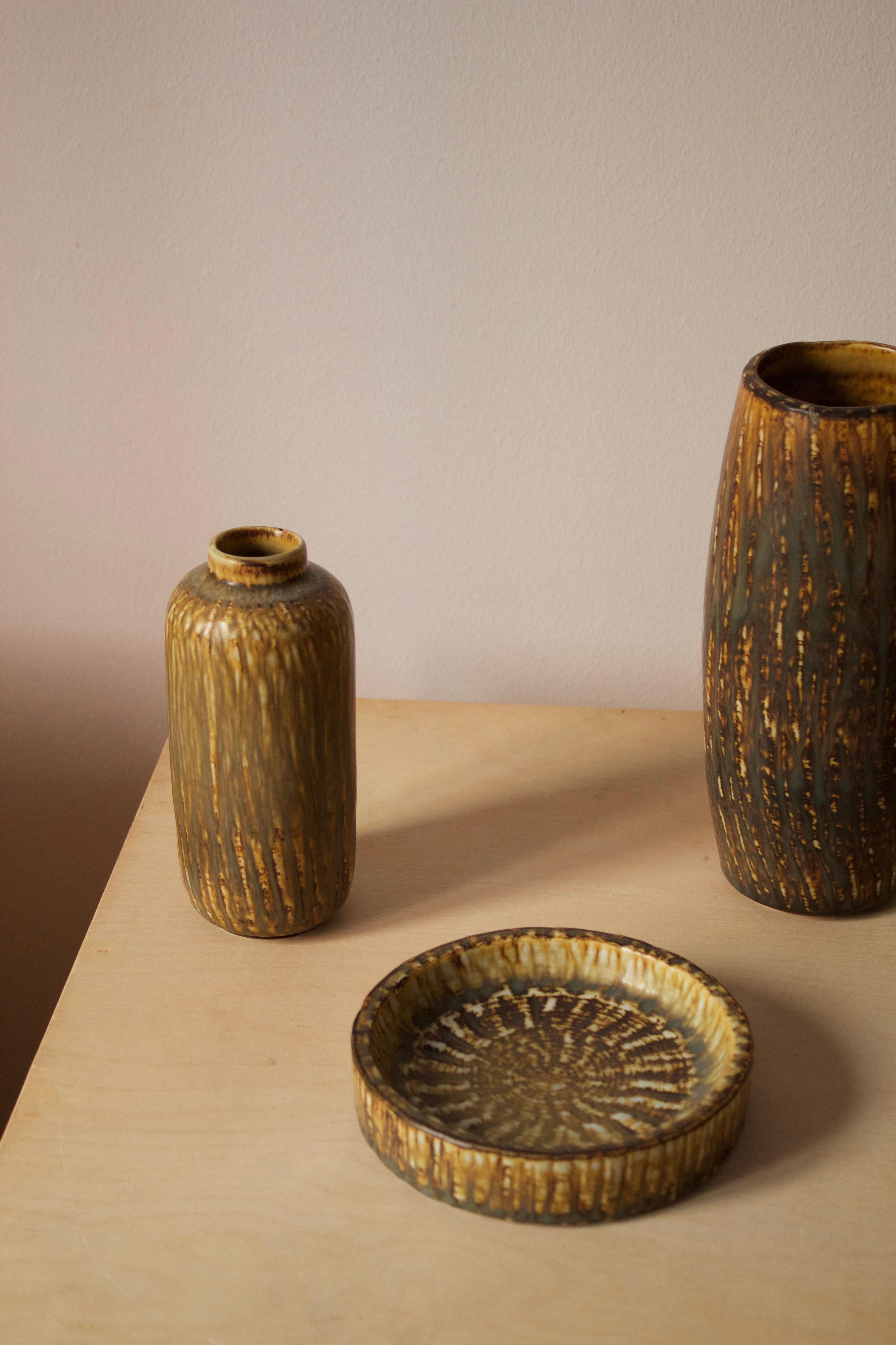 Swedish Gunnar Nylund, Vases and Dish, Glazed Stoneware, Rörstand, Sweden, 1950s