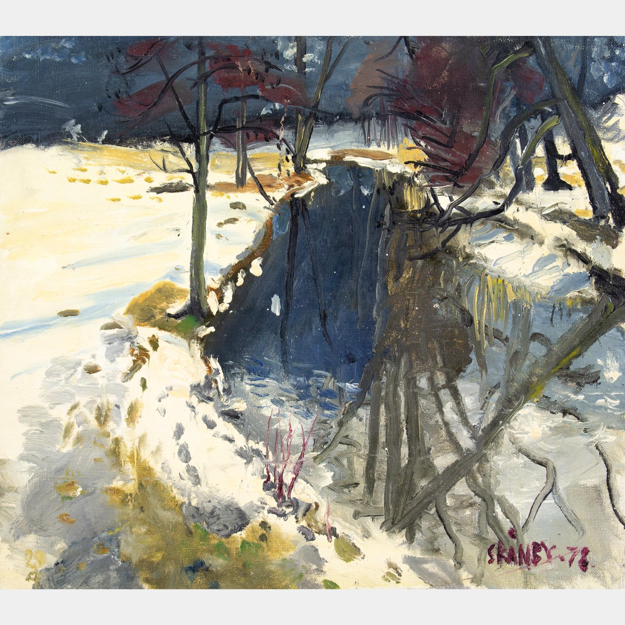 Gunnar Skanby, Snow-Covered Landscape With River, Vintage Oil Painting For Sale 1