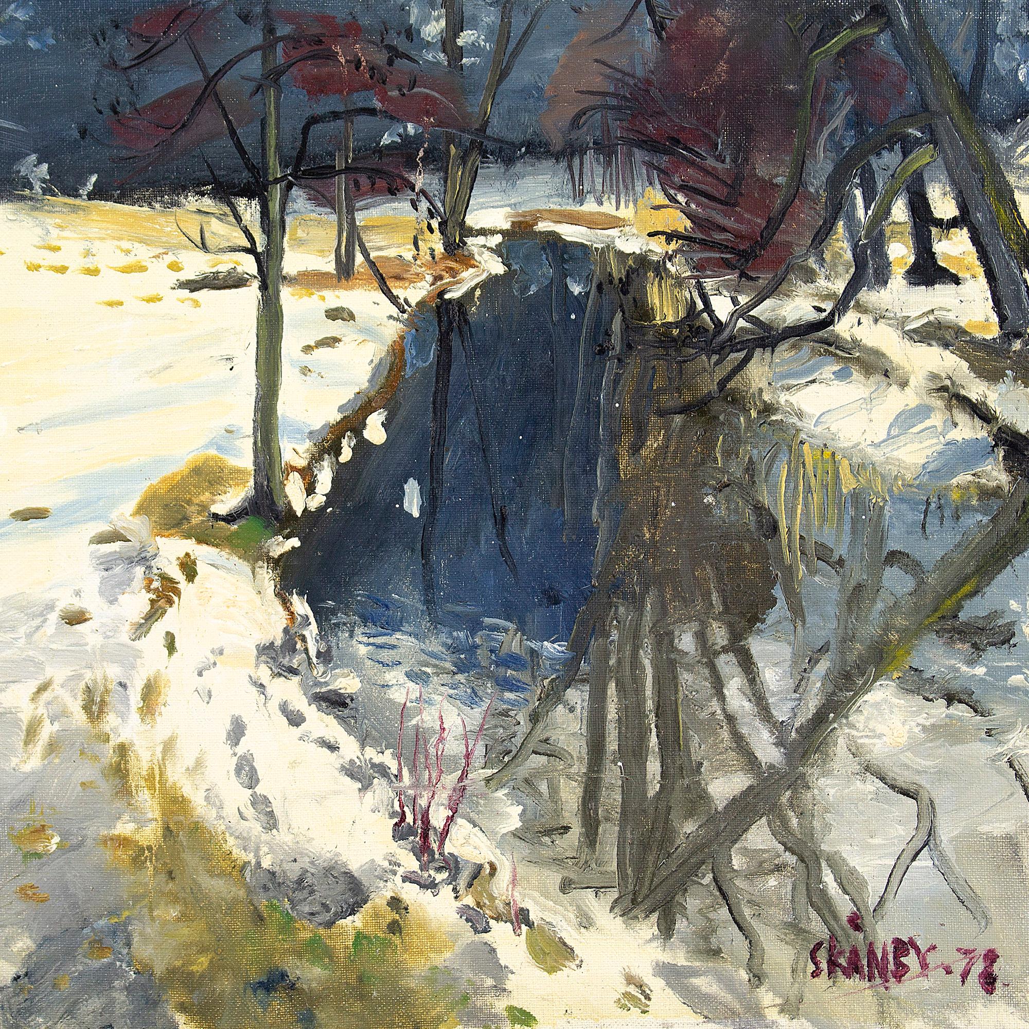 Gunnar Skanby, Snow-Covered Landscape With River, Vintage Oil Painting For Sale 2