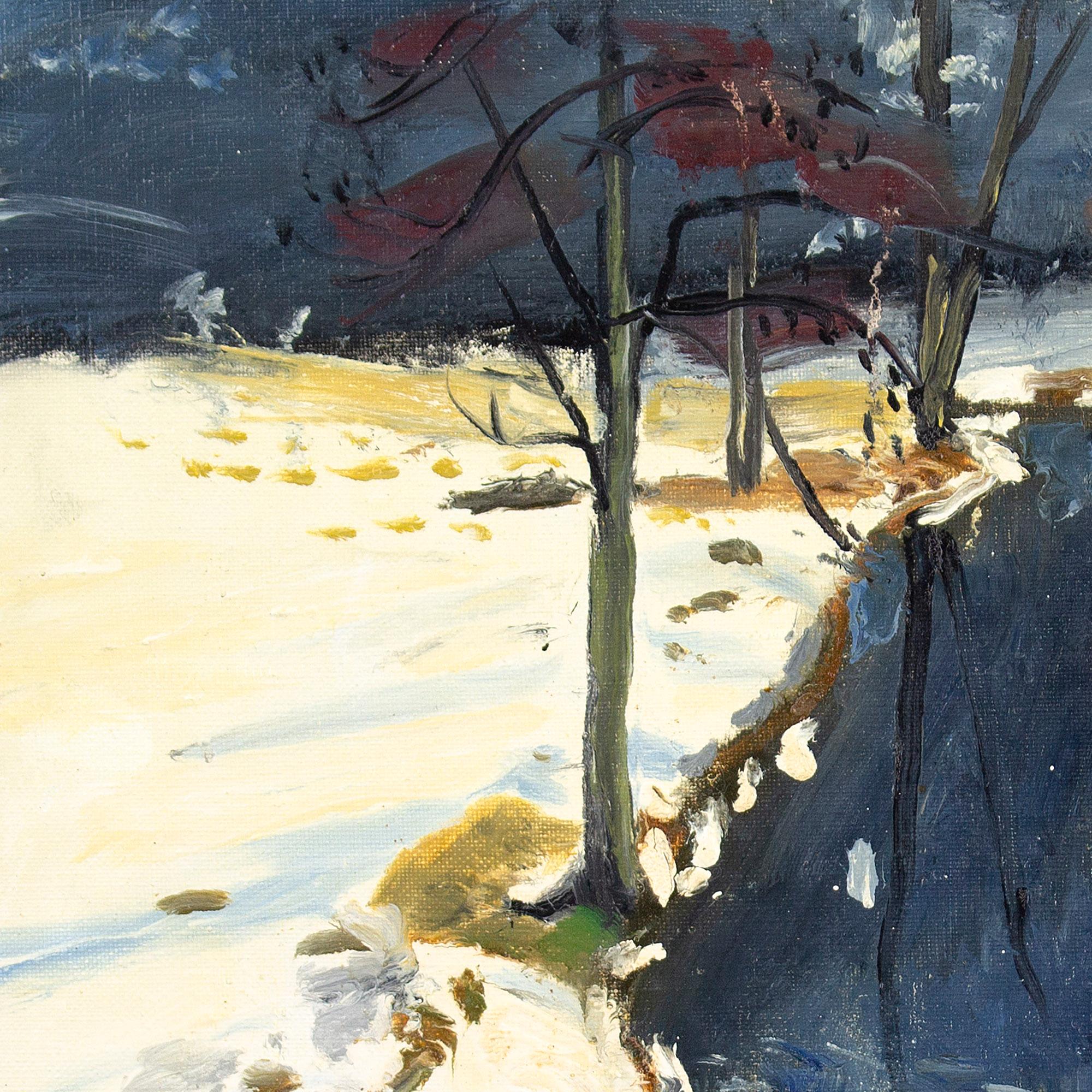 Gunnar Skanby, Snow-Covered Landscape With River, Vintage Oil Painting For Sale 4
