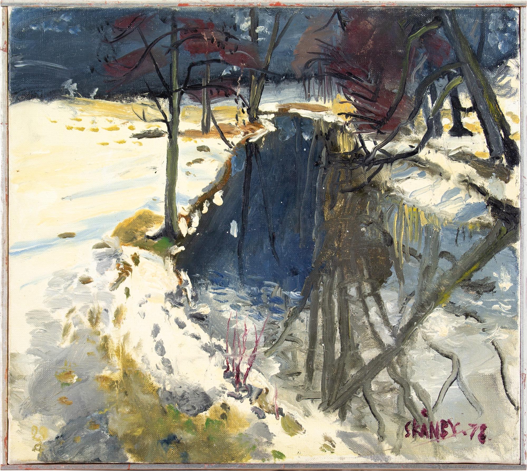 This 20th-century oil on canvas by Swedish artist Gunnar Skanby (1922-2002) depicts a chilly snow-covered landscape with a river. Deep footprints scatter the white scenery and extend past trees that cling to their final leaves. The river appears