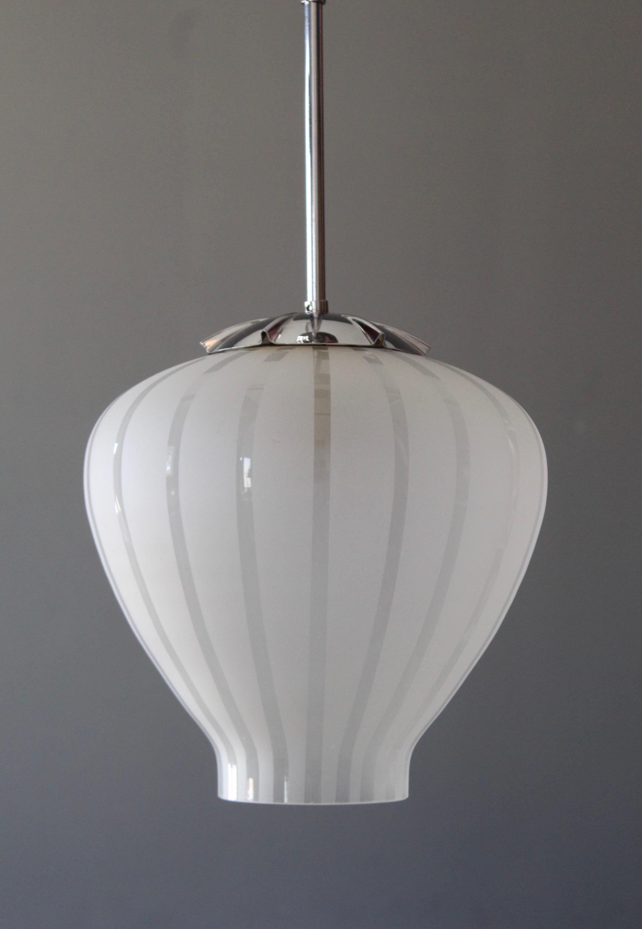 Scandinavian Modern Gunnel Nyman 'Attributed' Pendant Light Partly Frosted Glass Metal Sweden 1940s For Sale