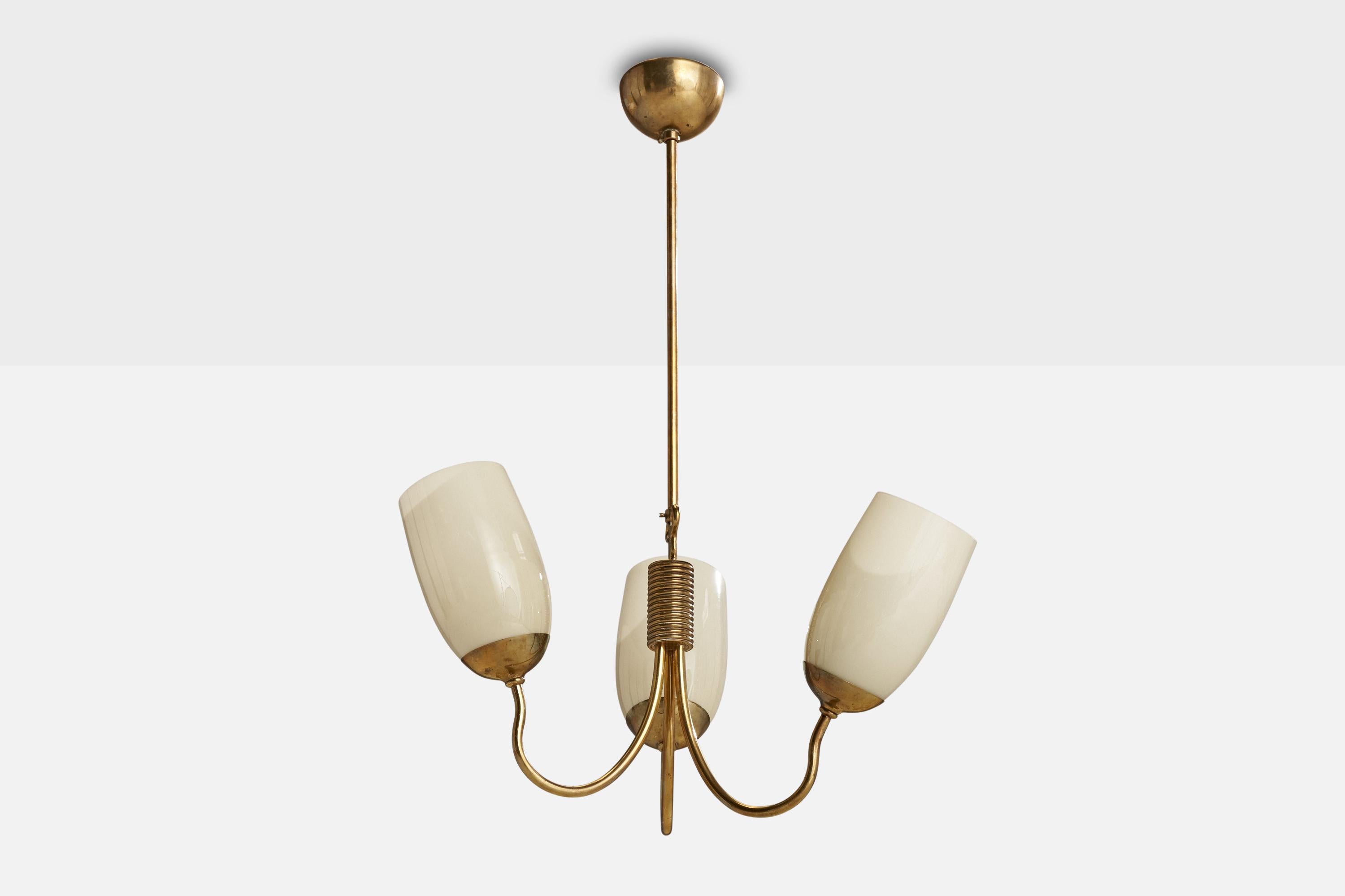 A brass and opaline glass chandelier designed by Gunnel Nyman and produced by Idman, Finland, c. 1940s.

Overall Dimensions (inches): 27.5” H x 19.75 ” Diameter
Dimensions of Canopy: 3.5 ” H x 4” D
Stem length: 14.5”H
Bulb Specifications: E-26 