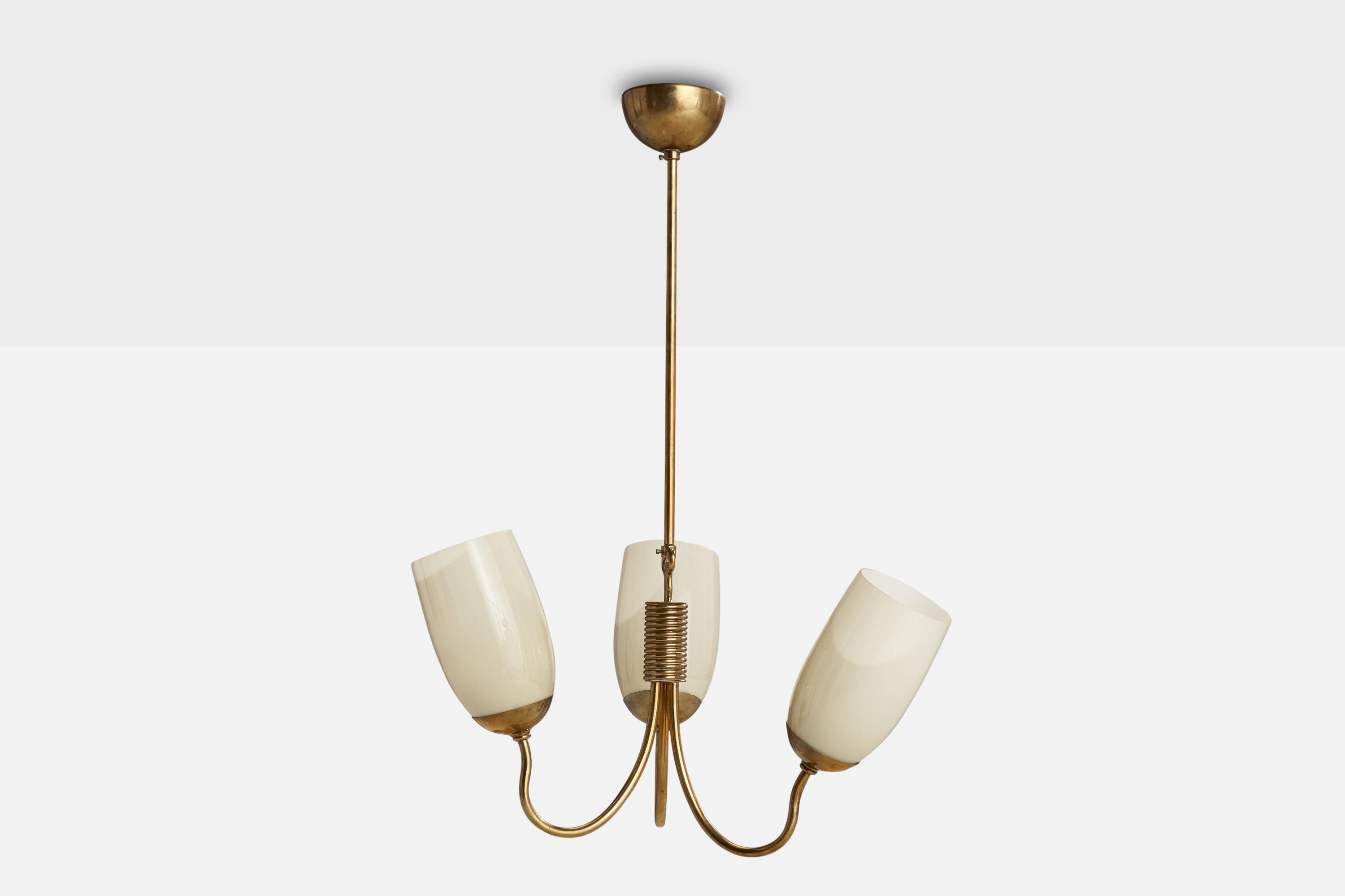 Scandinavian Modern Gunnel Nyman, Chandelier, Brass, Glass, Finland, 1940s For Sale