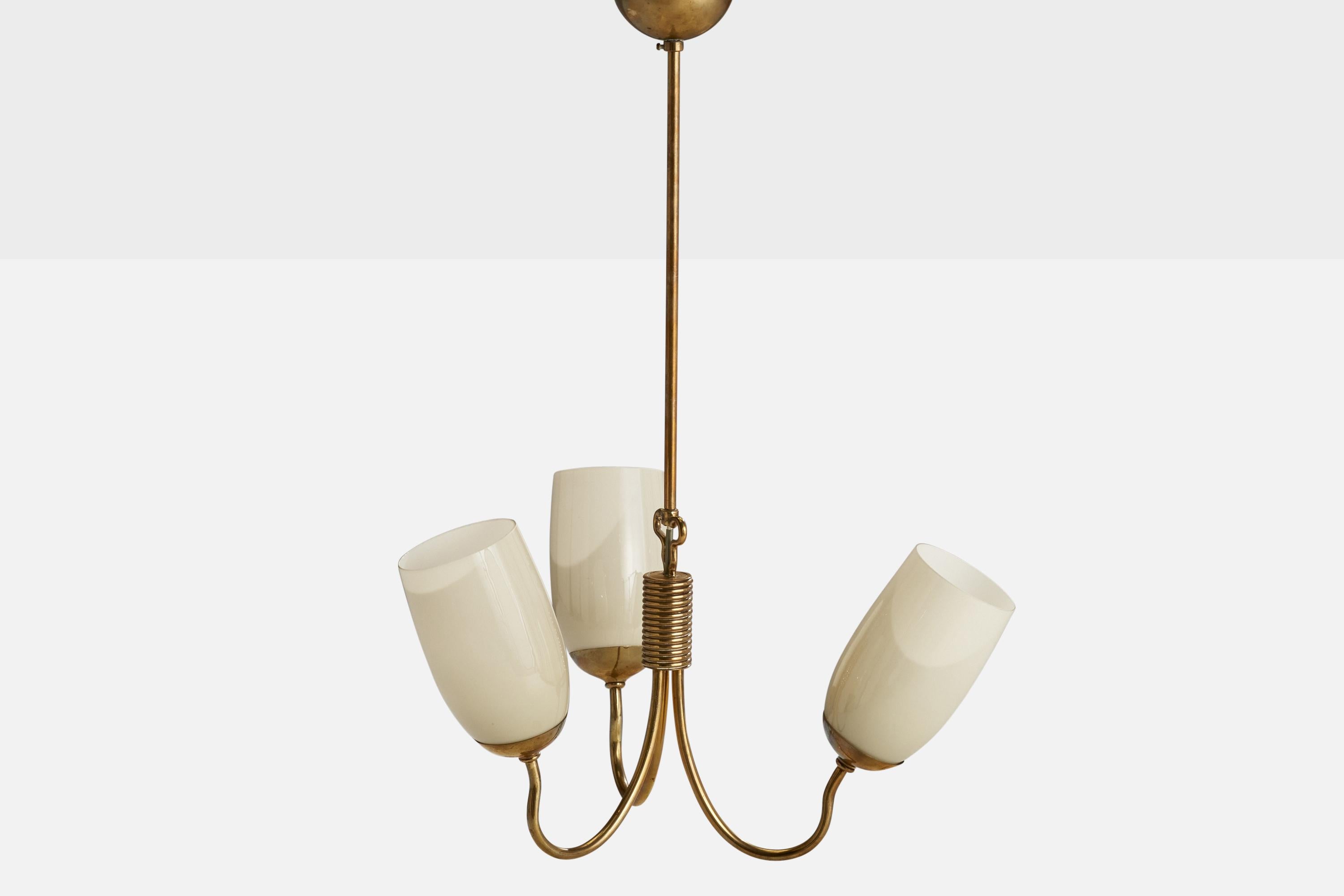 Italian Gunnel Nyman, Chandelier, Brass, Glass, Finland, 1940s For Sale