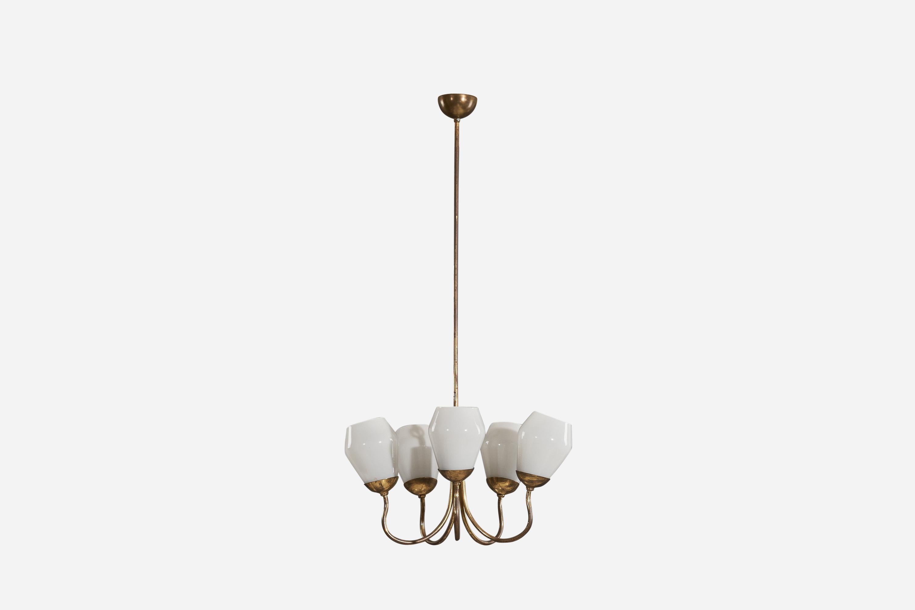 A brass and glass, five-armed chandelier designed by Gunnel Nyman and produced by Idman, Finland, 1940s.
