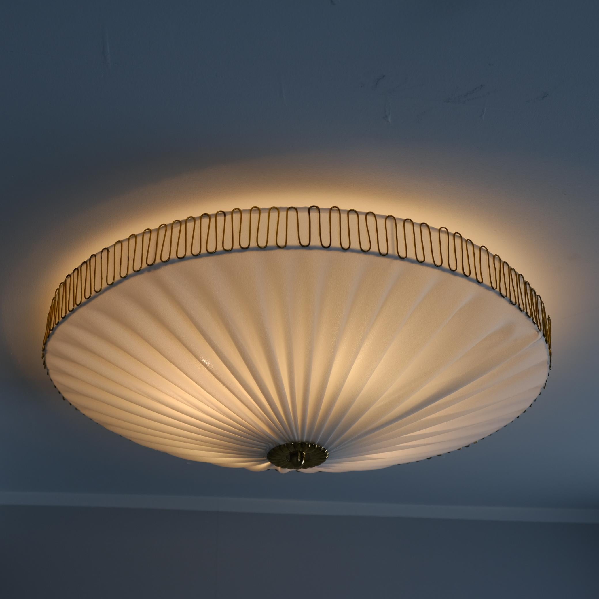 Scandinavian Modern Gunnel Nyman Flush Mount In Brass and Fabric, Model K5-40, Idman 1950s For Sale