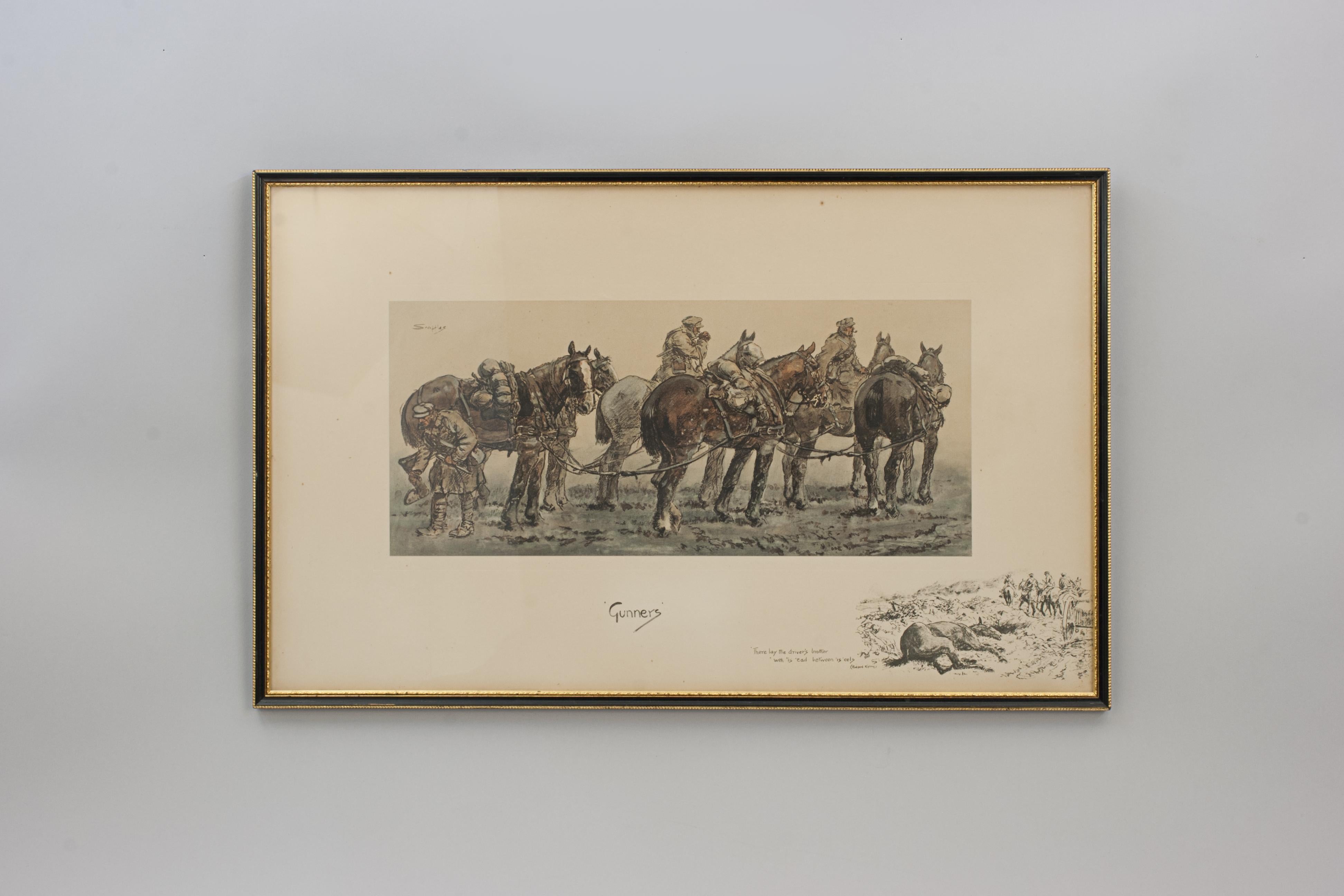 Snaffles WWI Military Print, Gunners.
A good Snaffles WWI military lithograph with hand finishing with the title 'Gunners'. The picture shows a team of six horses and three drivers, two smoking and one examining a horse's hoof. In the bottom margin