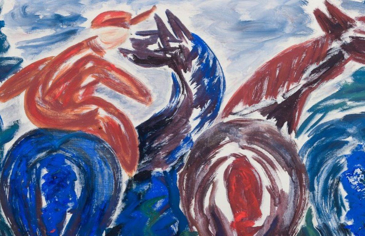 Suédois Gunney Wahlquist, artiste suédoise répertoriée Huile sur toile. Jockey et chevaux. en vente