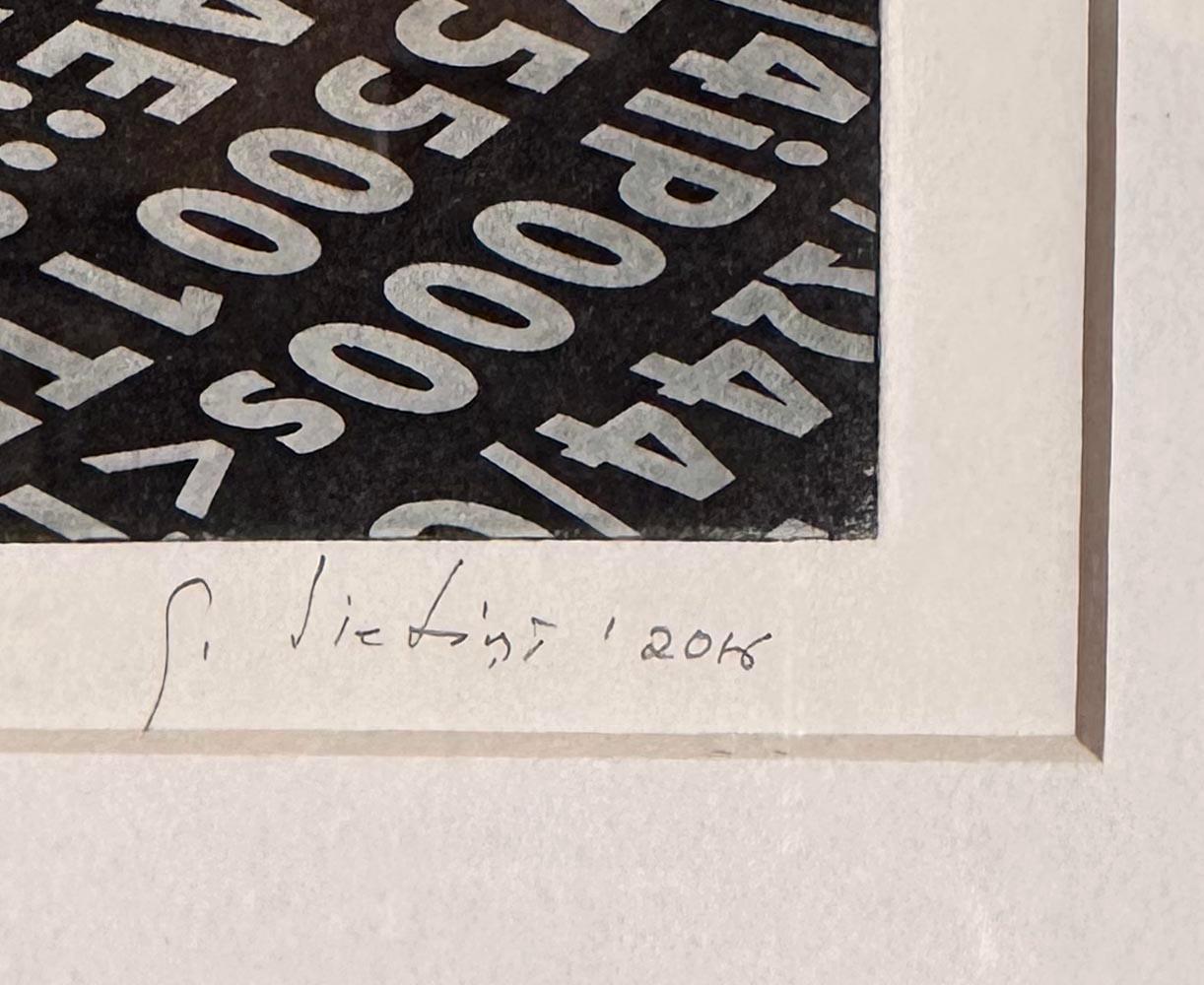 The illusions and reflections in Sietins prints often bring M.C. Escher to mind, but his prints have a distinctive feel all their own. The numbers reflect up into the ball, along with a surreal image of a window opening up to a tree and exterior