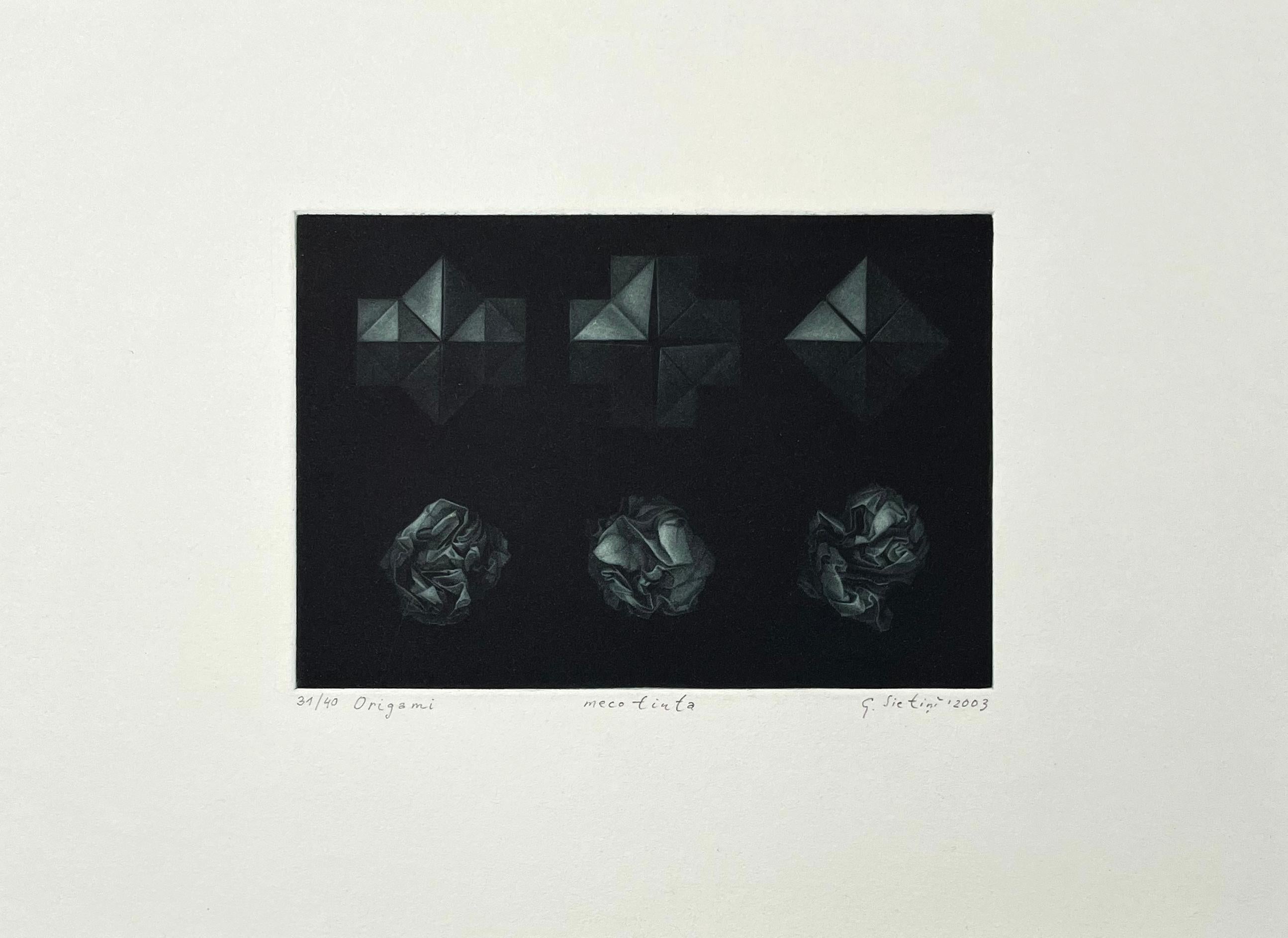 The illusions and reflections in Sietins prints often bring M.C. Escher to mind, but his prints have a distinctive feel all their own. This is one of the smallest prints done by Sietins, a study of light effects on a series of small paper