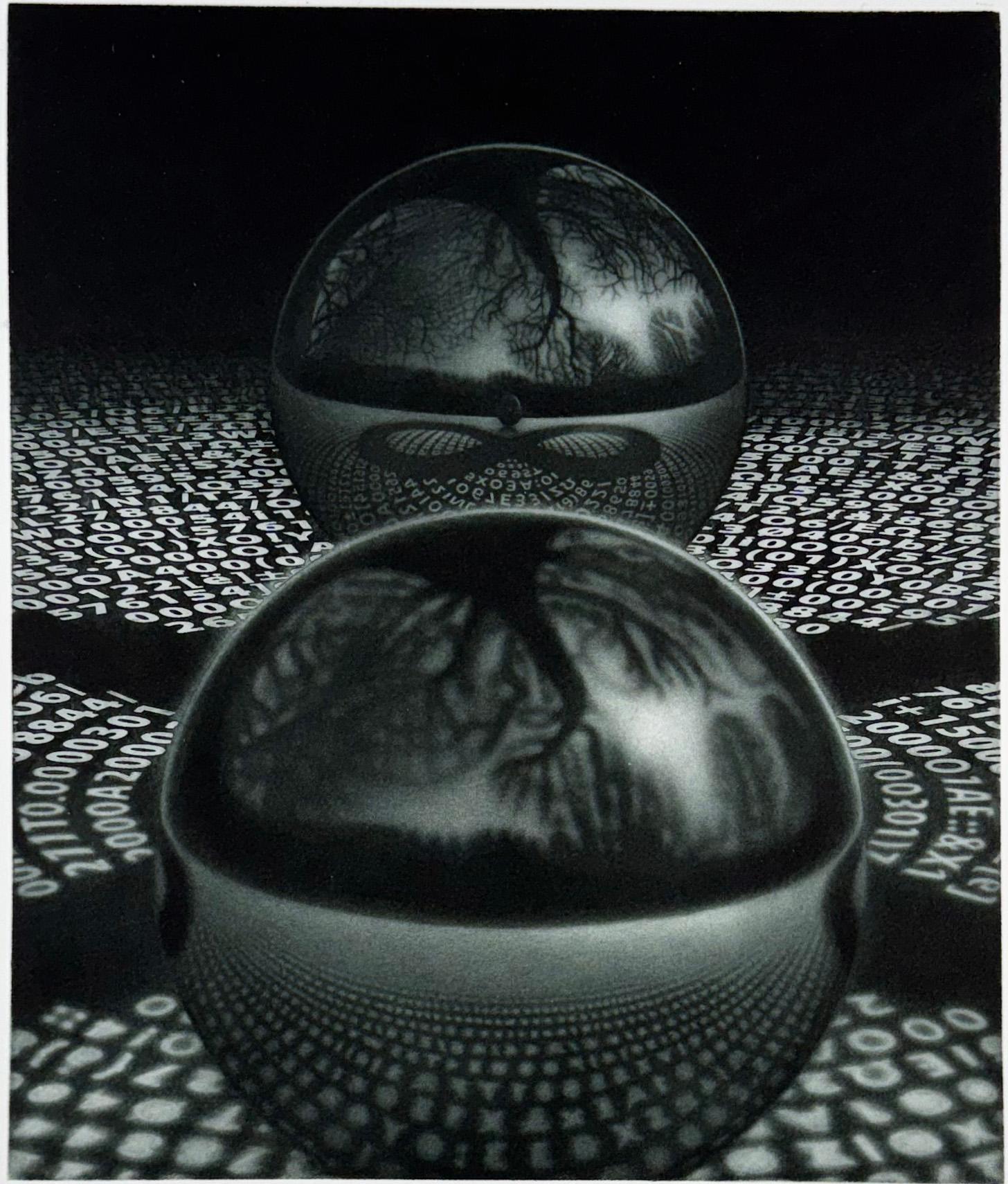 Médium : mezzotinte avec aquatinte
Année : 2015
Edition : 35 exemplaires, signés au crayon.
Taille de l'image : 10.25 x 8.66 pouces

Les illusions et les reflets surréalistes des gravures d'A&M. rappellent souvent à I.C. Escher à l'esprit, mais ses