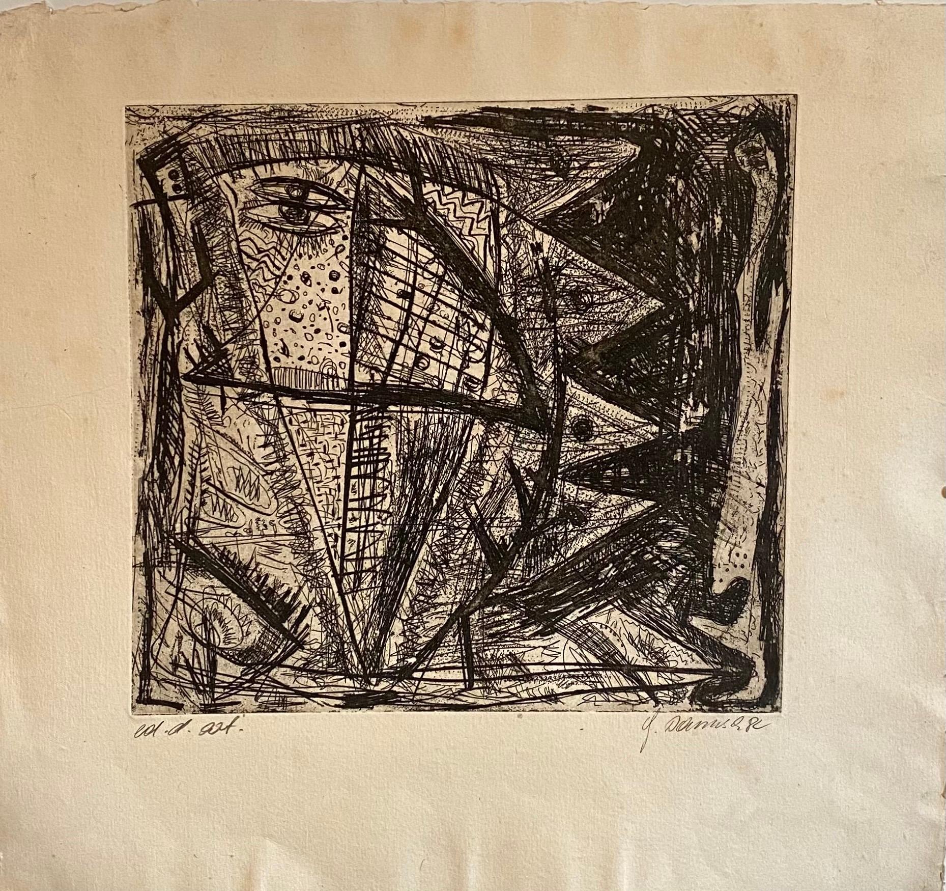 Austrian Junge Wilde Abstract Etching Hand Signed, Neo Expressionist Art Print - Beige Abstract Print by Gunter Damisch