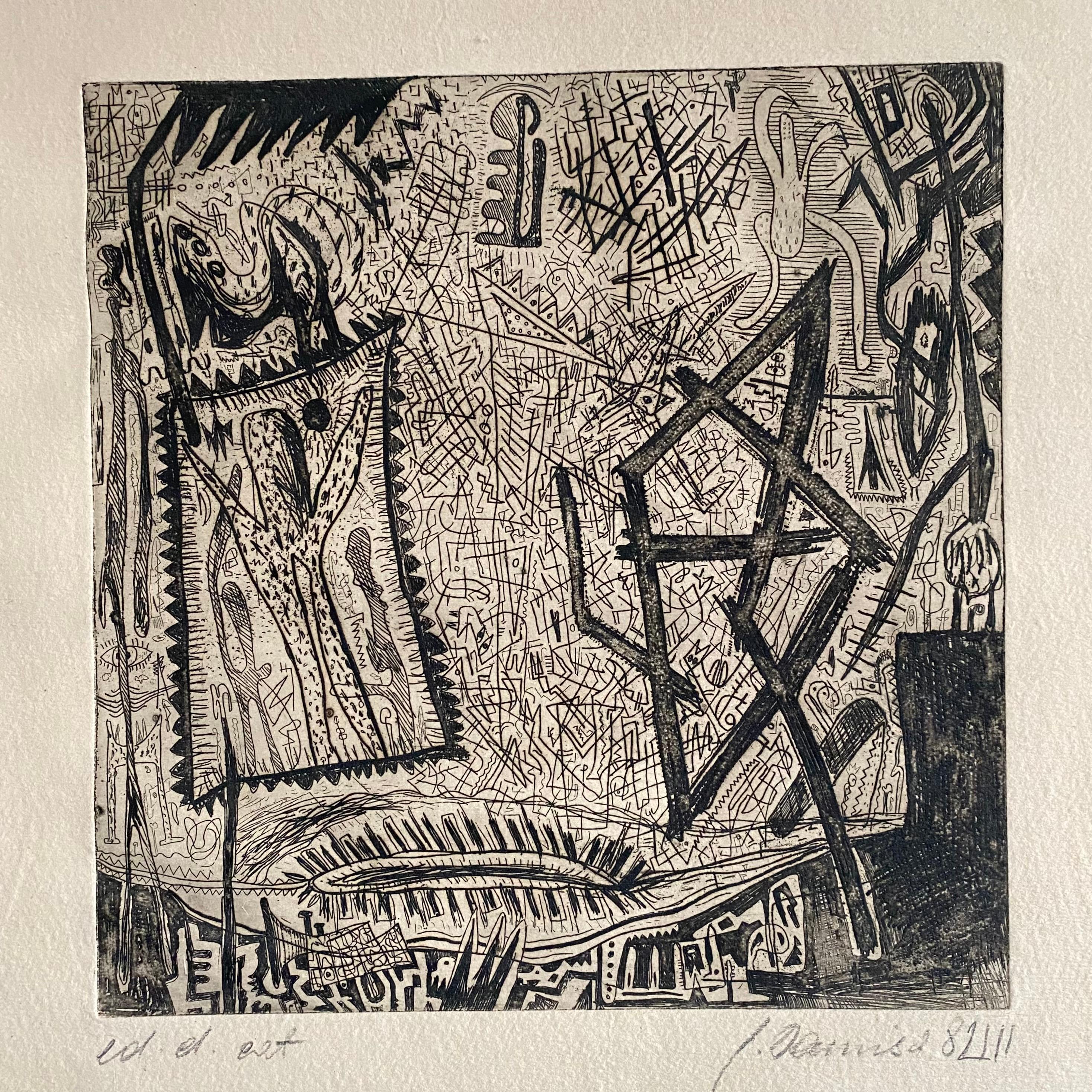 Gunter Damisch Abstract Print - Austrian Junge Wilde Abstract Etching Print Hand Signed, Neo Expressionist Art