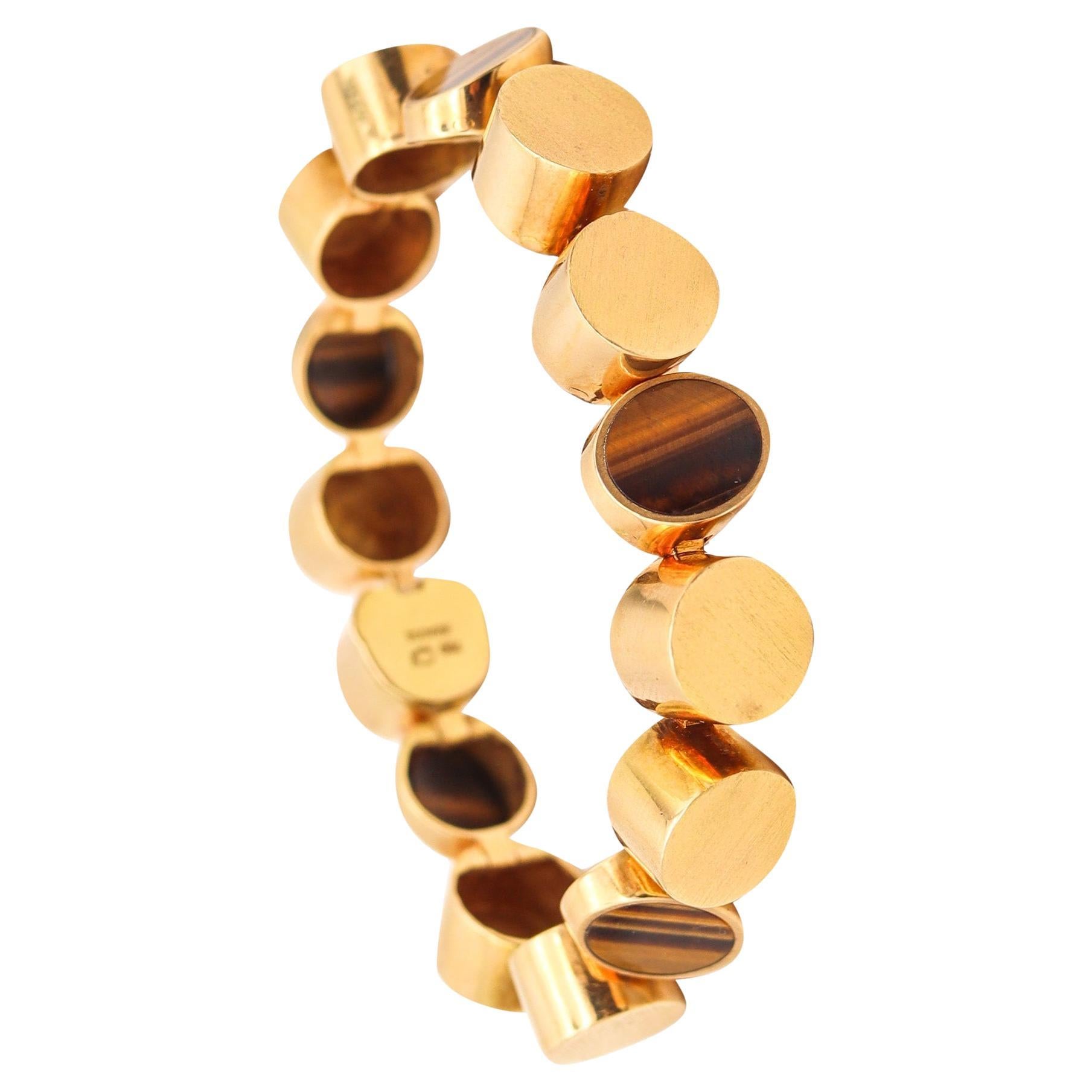 GÜNTER KRAUSS 1970 Bracelet géométrique moderniste en or 18Kt et yeux de tigre