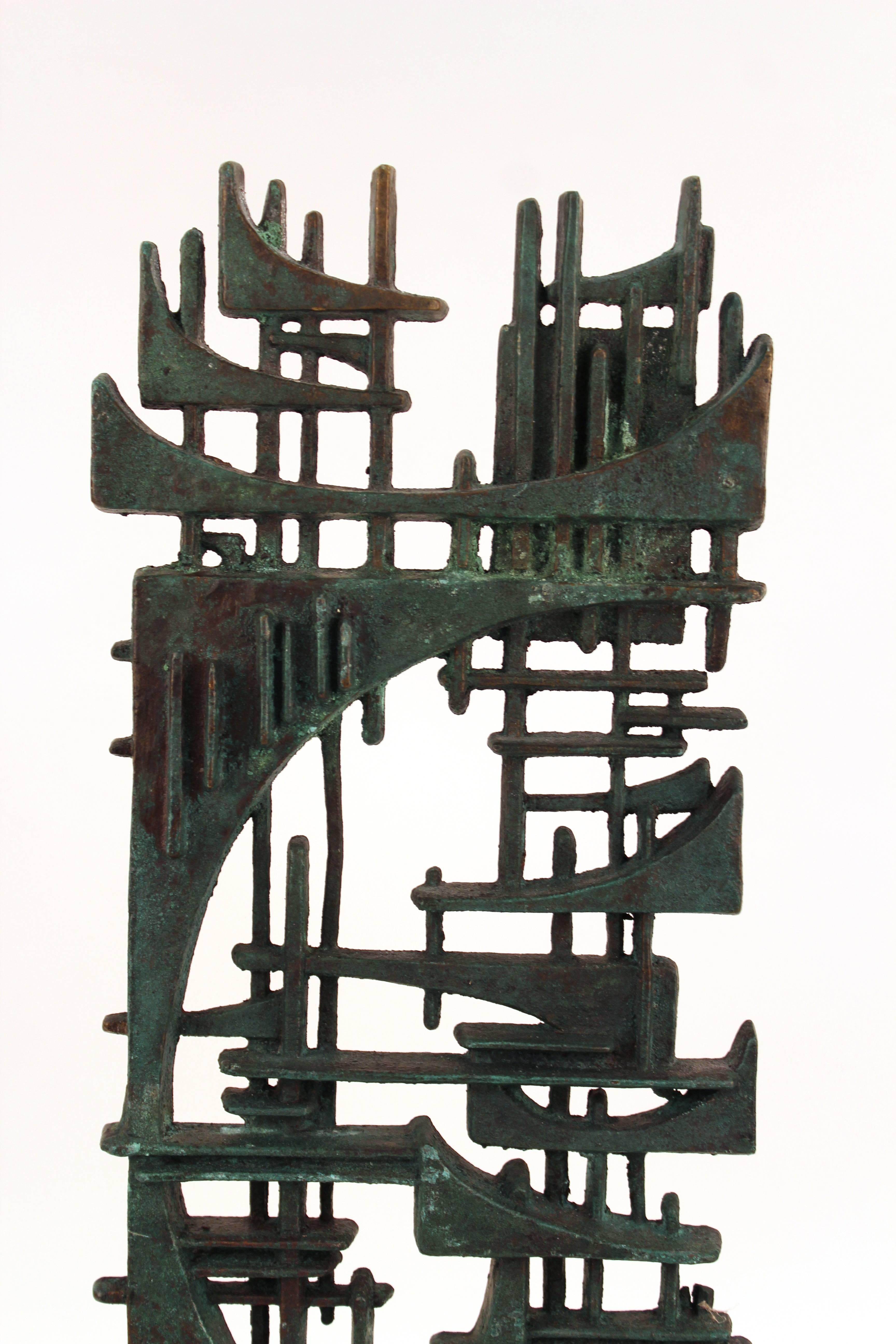 A bronze abstract Brutalist sculpture created by Mexican artist and designer Gunther Gerzso (1915-2000) in the 1980s in Mexico. The piece is mounted on a marble base and signed on the lower right edge of the bronze: 'Gerzso 1/7'. The piece is in