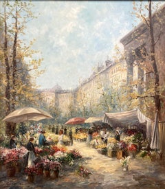 "Flower Market" Place de la Madeleine Post-Impressionist Parisian Street Scene