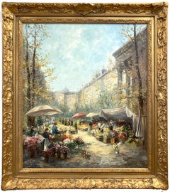"Flower Market" Place de la Madeleine Post-Impressionist Parisian Street Scene