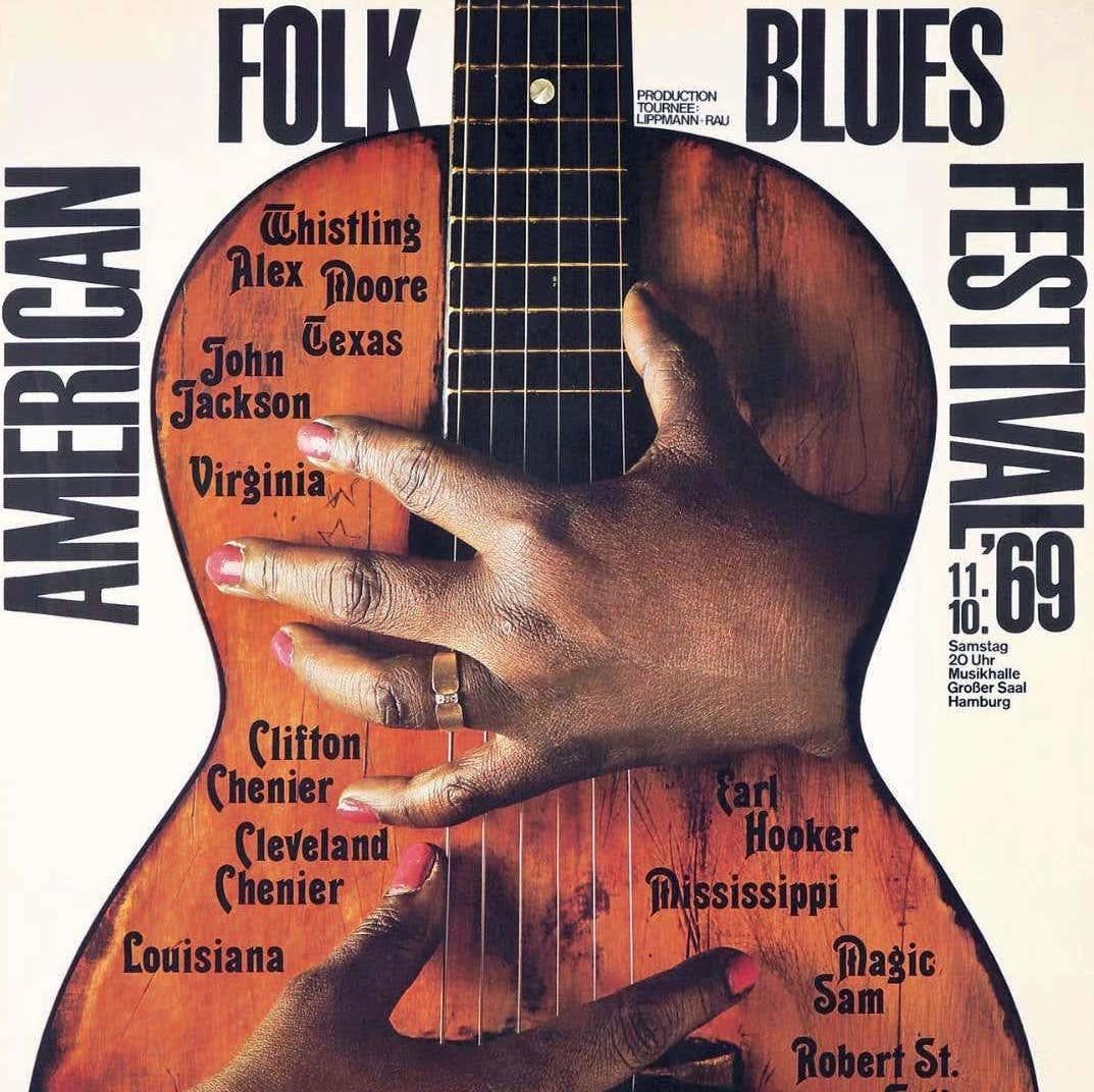 Amerikanisches Folk Blues Festival-Plakat 1969 von Gunther Kieser (Blaue Musik)  (Volkskunst), Print, von Günther Kieser