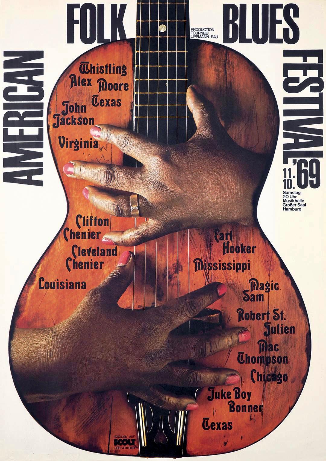 Günther Kieser Figurative Print - American Folk Blues Festival poster 1969 by Gunther Kieser (Blues music) 