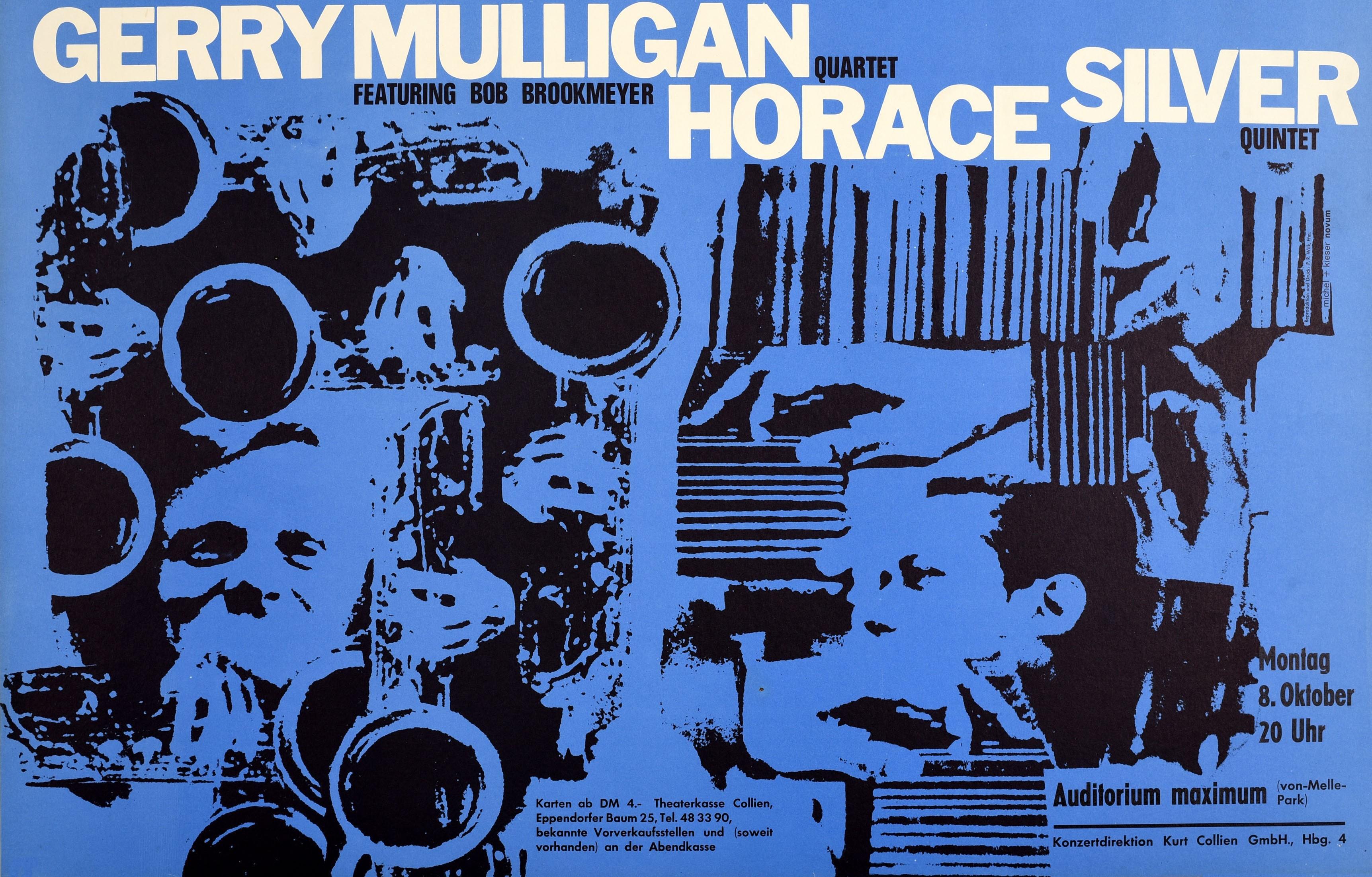 Original Vintage Musik Plakat für die Norman Granz präsentiert Jazz at the Philharmonic Gerry Mulligan Quartet featuring Bob Brookmeyer Horace Silver Quintet Konzert zeigt ein großes Design der Musiker auf dem blauen Hintergrund, der Titel in fetten