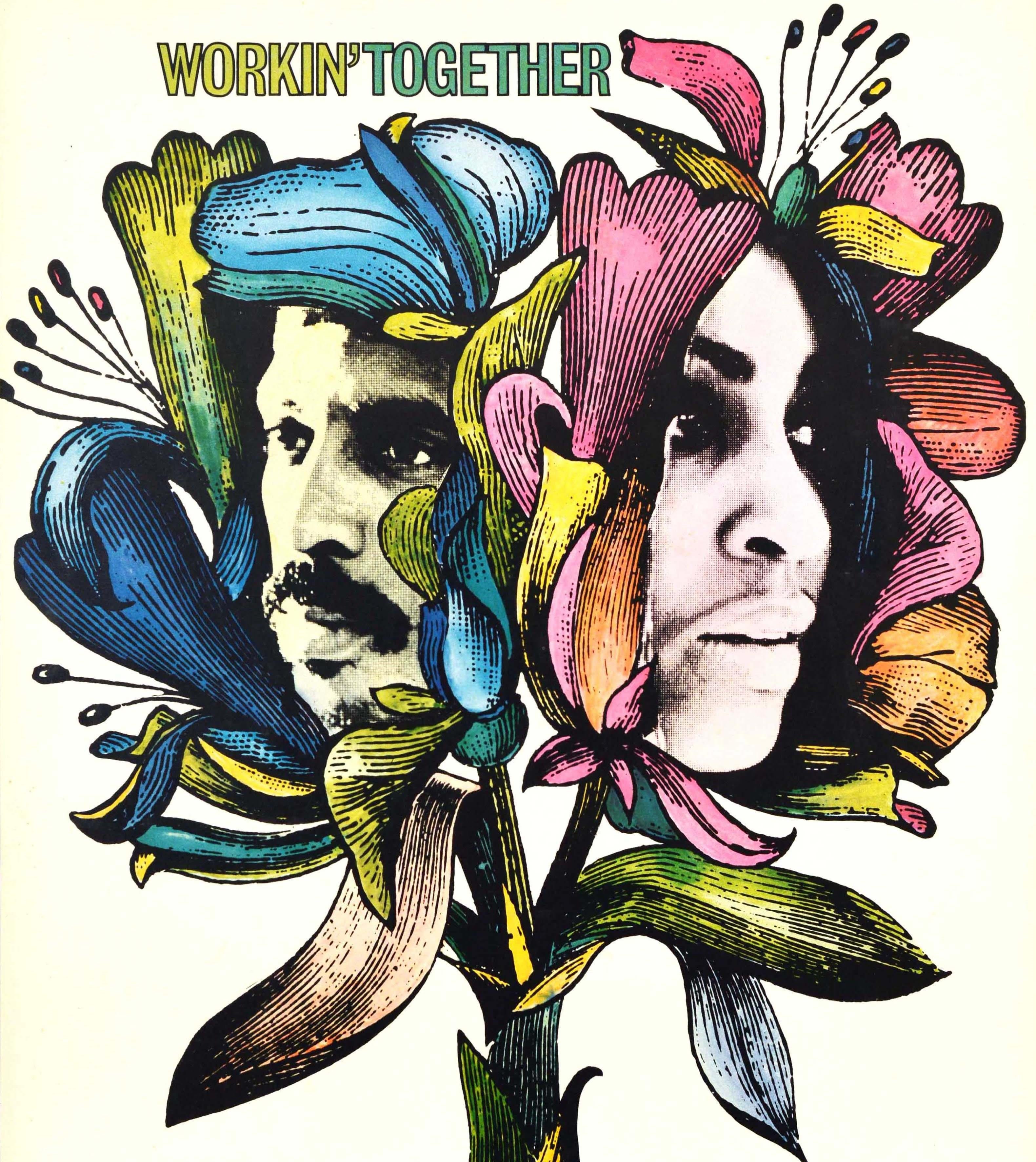 Poster musicale originale d'epoca per l'Ike & Tina Turner Show 71 Workin' Together Ike & Tina Turner and The Ikettes Kings of Rhythm con un'illustrazione floreale luminosa e colorata di fiori di giglio in blu, giallo, arancione, rosa e verde intorno