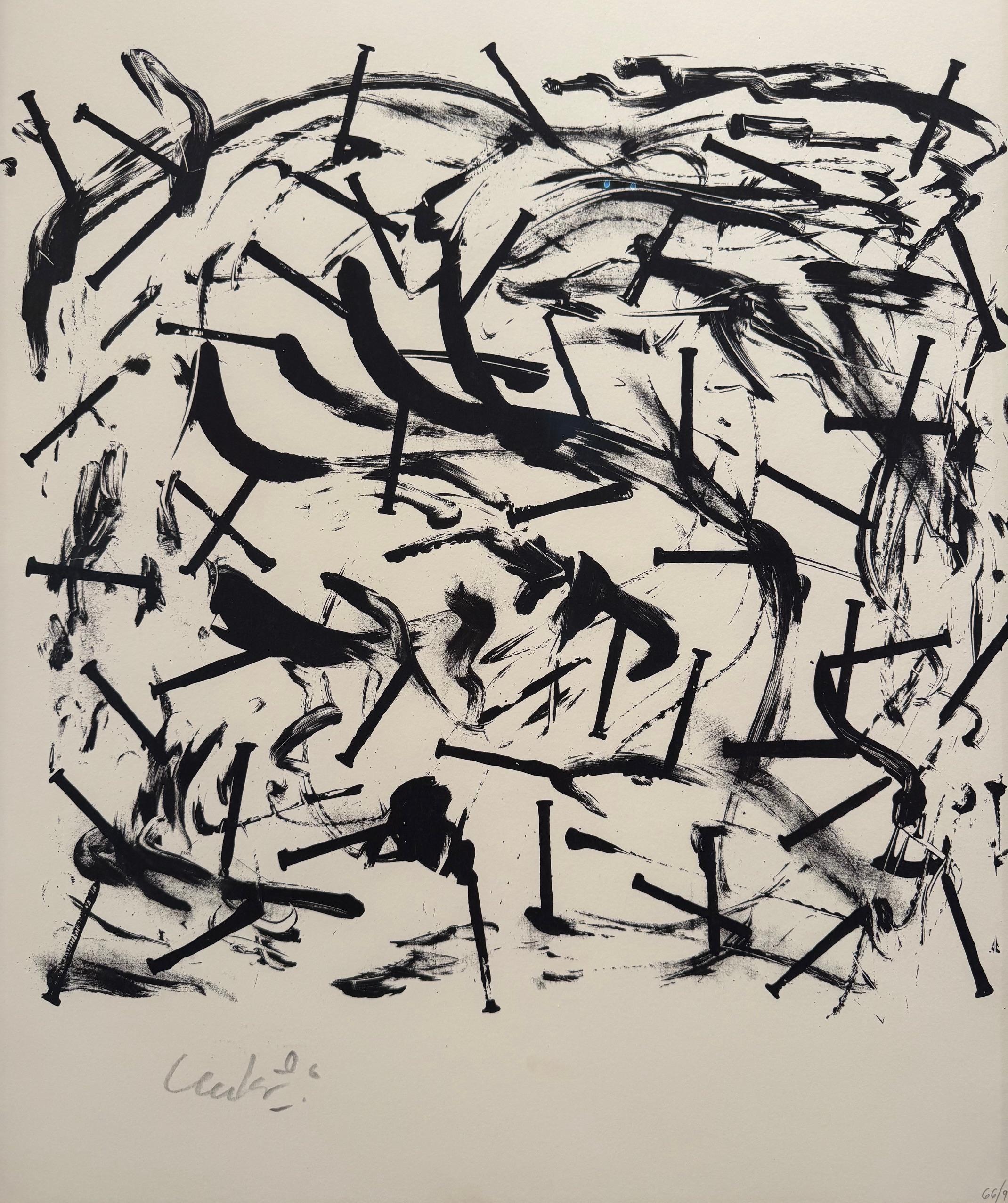 "Verbindunden-Verletzungen" ("Injuries-Connections") is an original screen print on hand-made Japanese paper from 1998 by internationally acclaimed German ZERO group artist Günther Uecker. Edition 300 (114/300) originally signed and dated lower