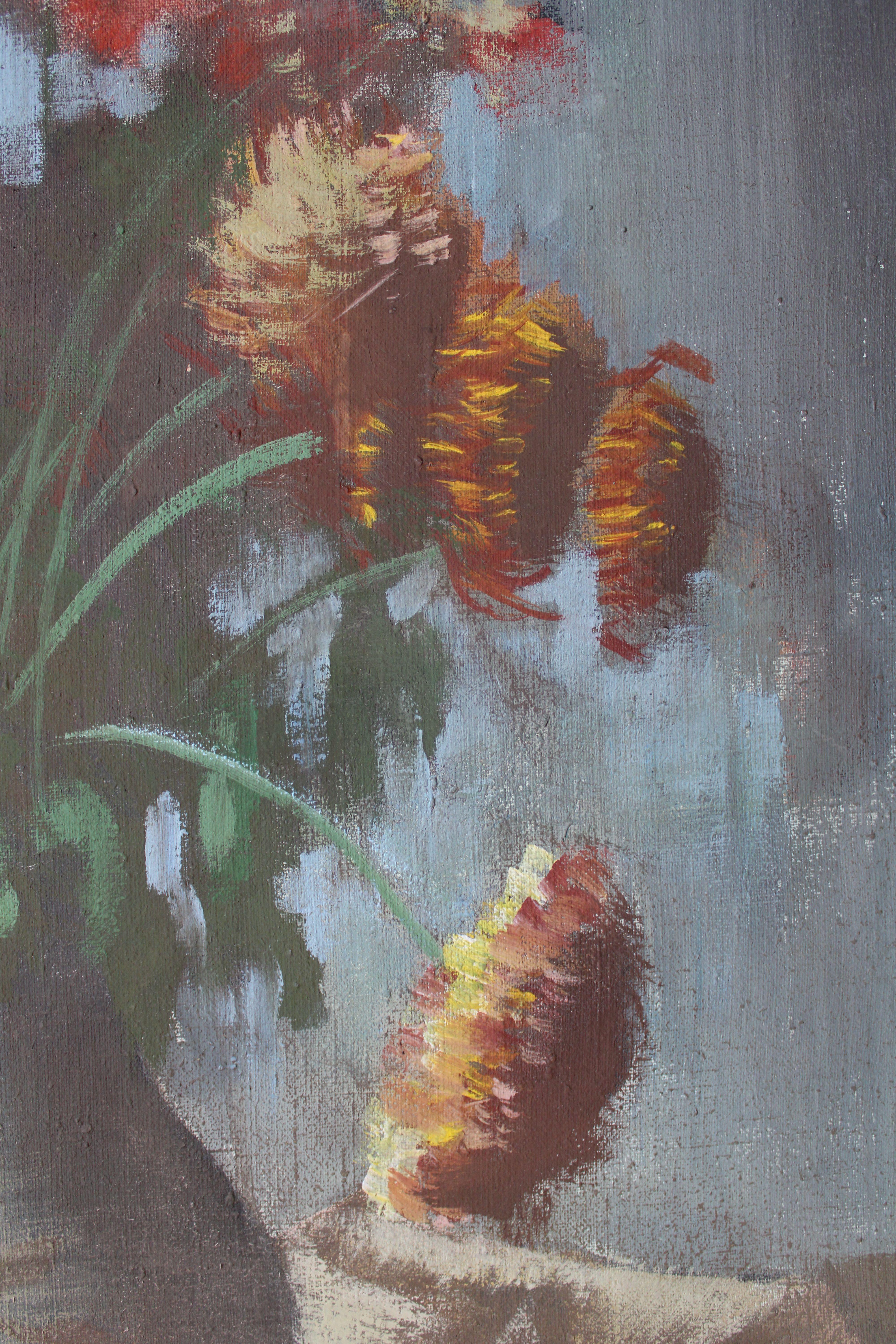 Das Leben mit Blumen ist lebendig. Ölgemälde auf Leinwand, 110x80 cm (Grau), Still-Life Painting, von Guntis Strupulis