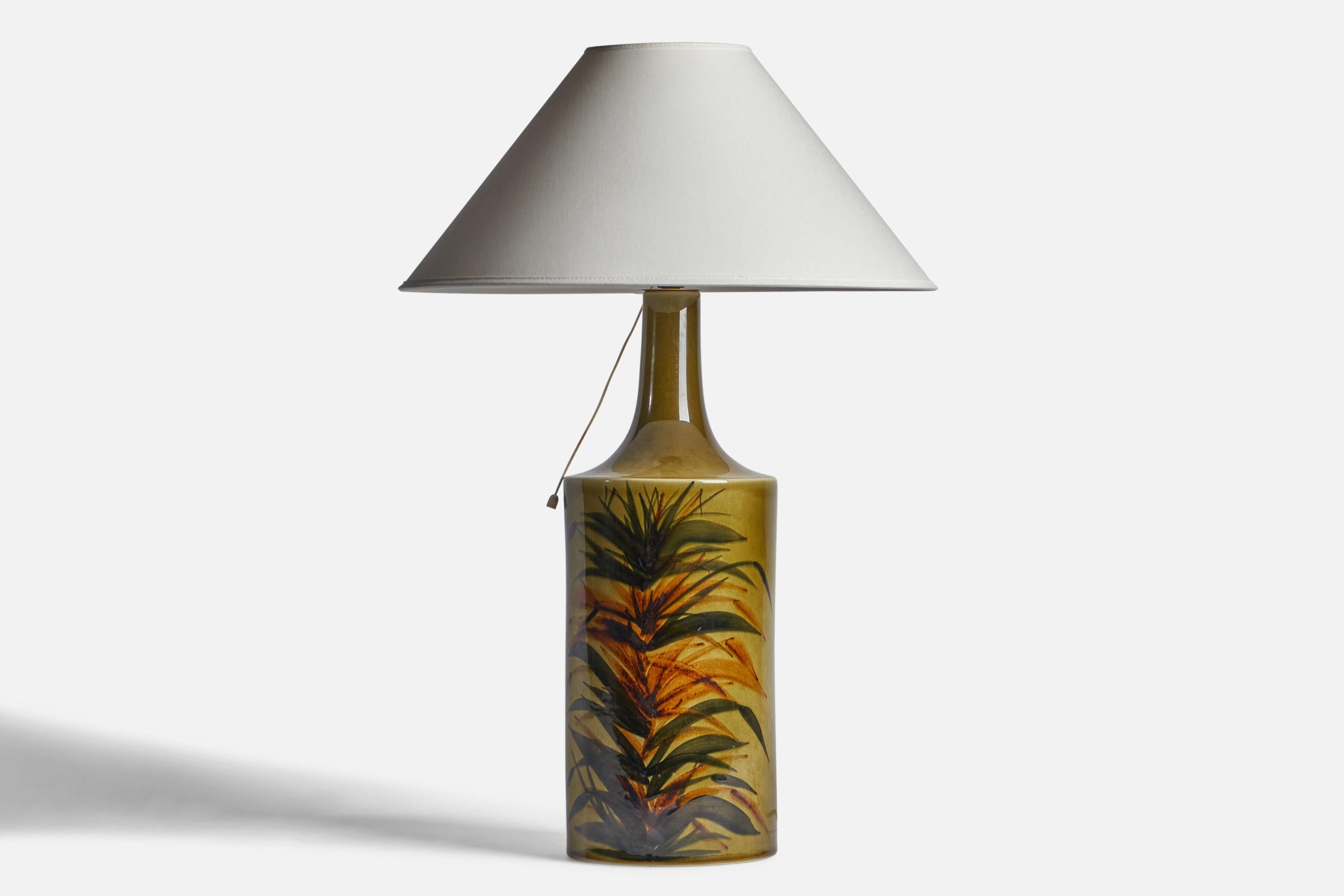 A hand-painted green-glazed stoneware table lamp designed by Gunvor Olin-Grönquist and produced by Arabia, Finland, c. 1950s.

Dimensions of Lamp (inches): 19.5” H x 6.3” Diameter
Dimensions of Shade (inches): 4.5” Top Diameter x 16” Bottom Diameter