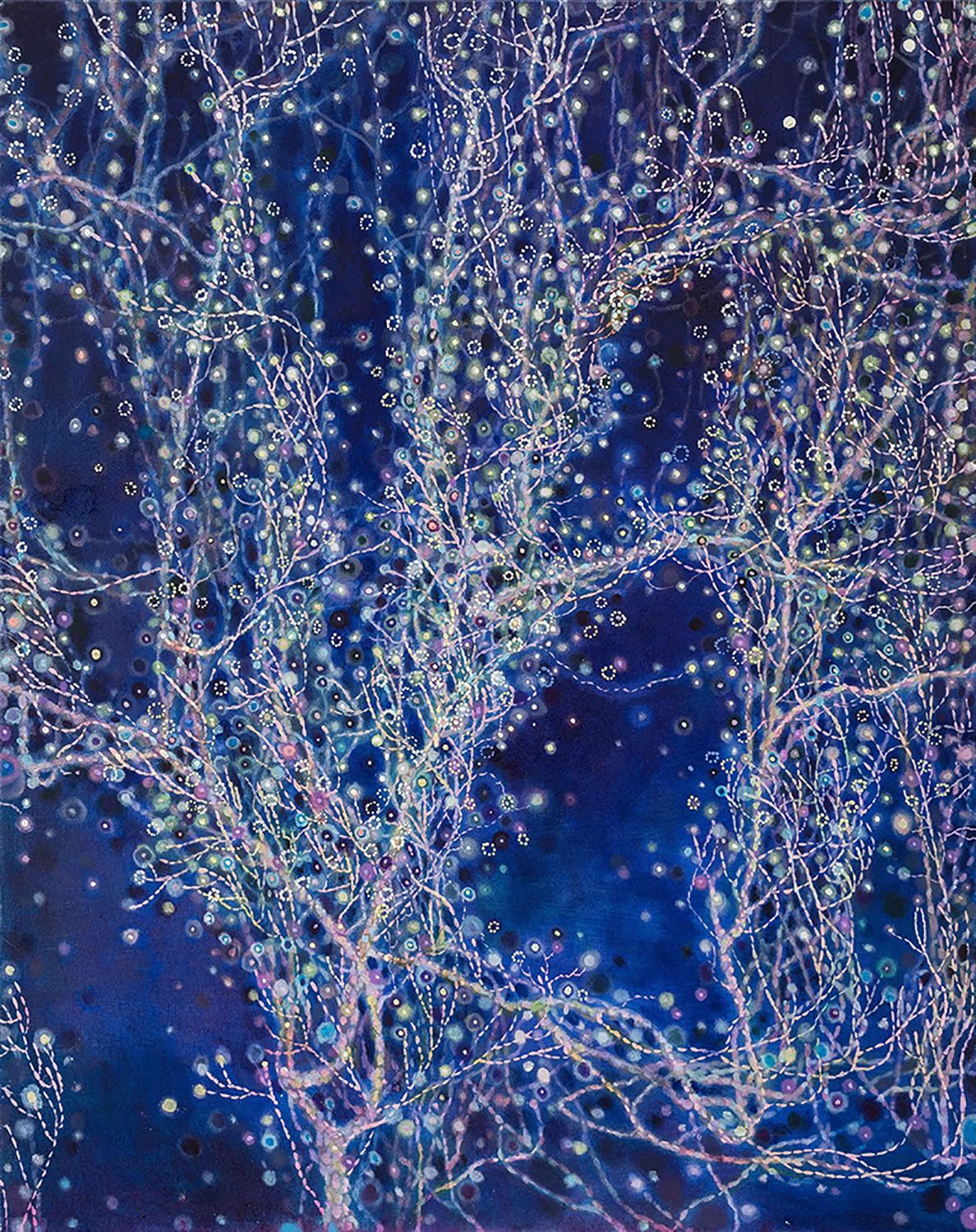Guo Shu Ling Abstract Painting – Mysteriöse und romantische Naturszenen in Blau, Silber in abstrakter Expression