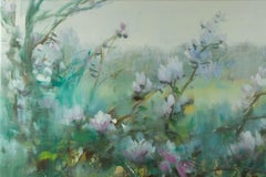 Zhang Guojun Floral Original Oil On Canvas "Blossoming Pond" (étang en fleurs)