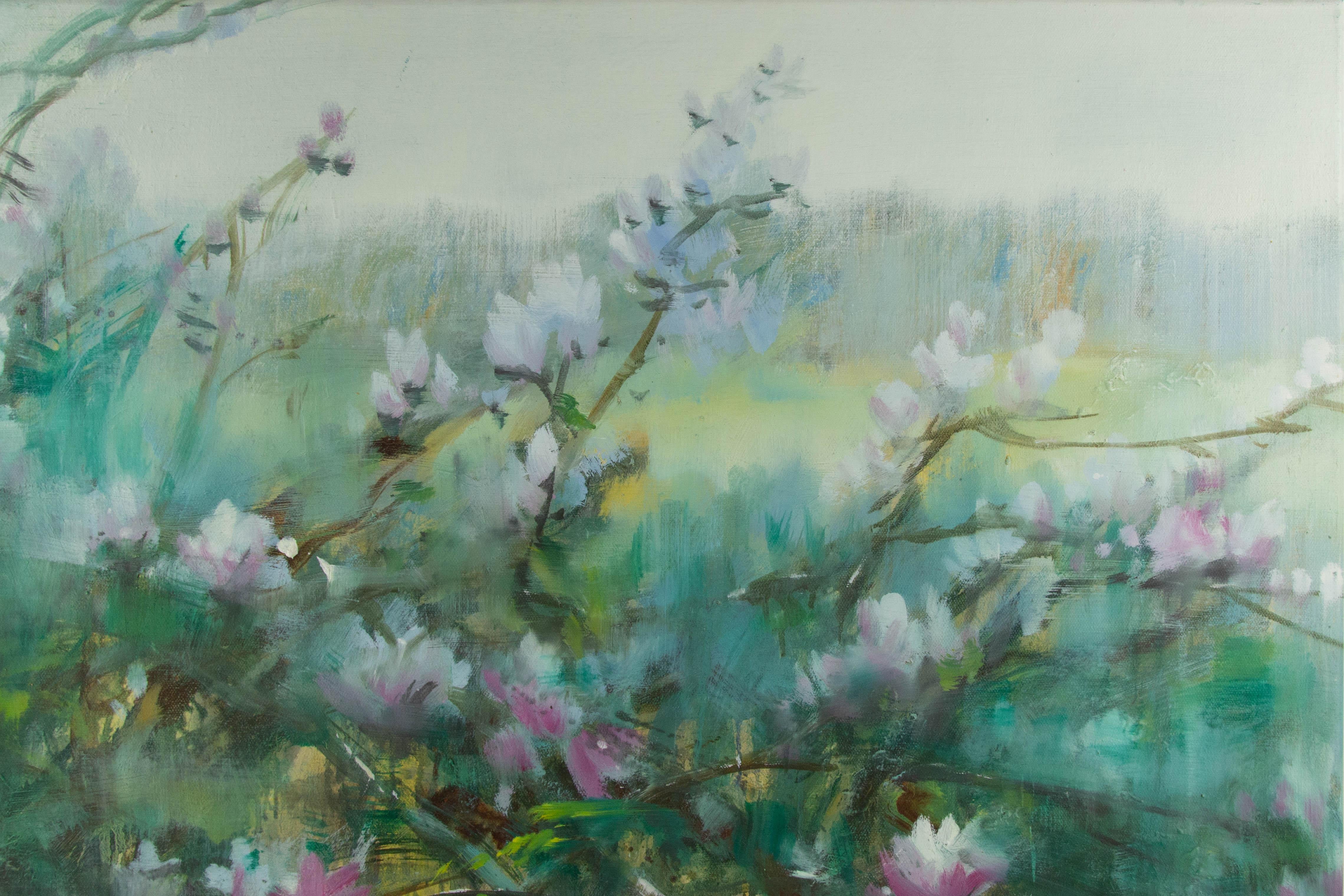 Guojun Zhang Óleo original floral sobre lienzo 