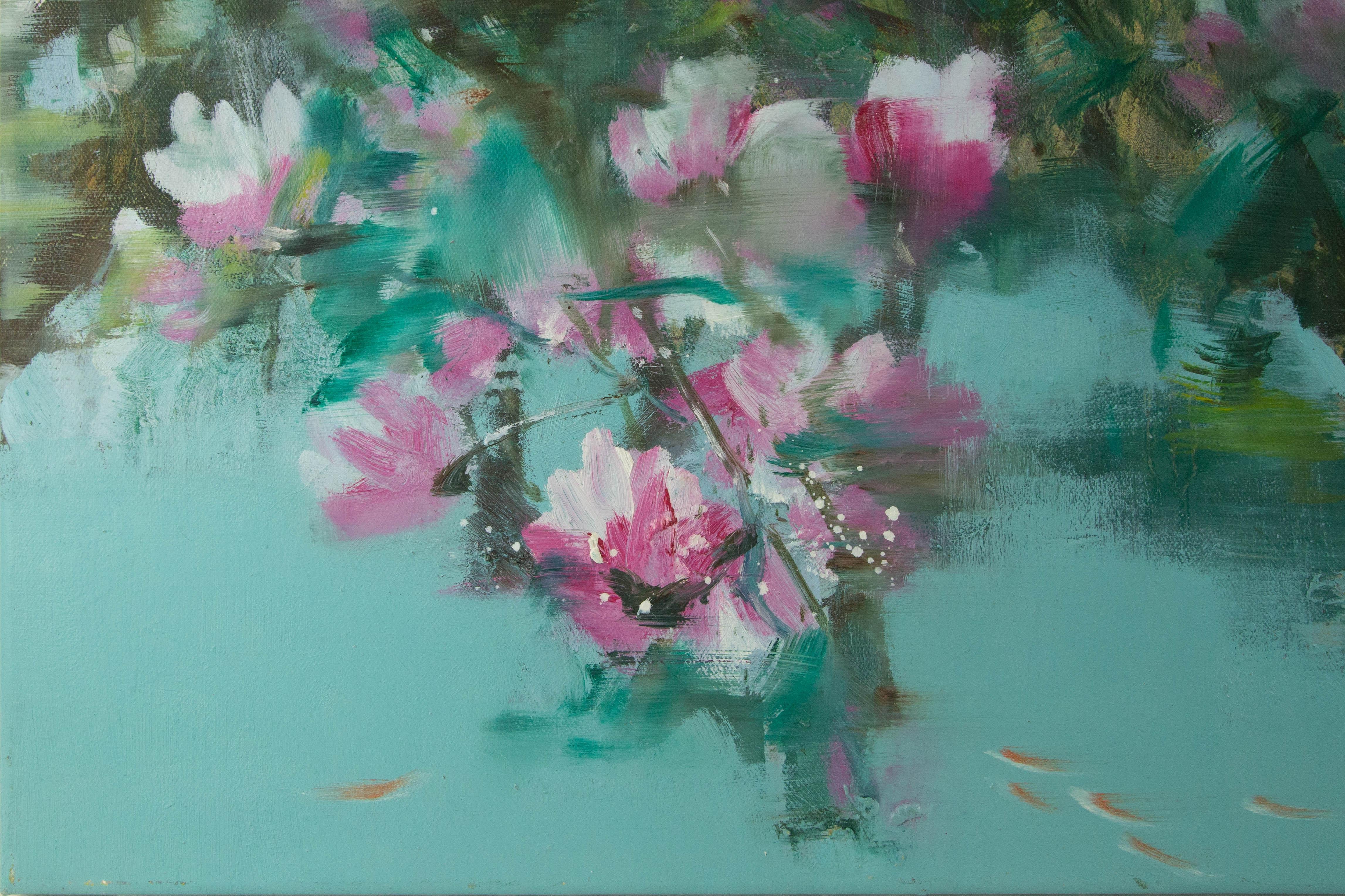 Guojun Zhang Óleo original floral sobre lienzo 