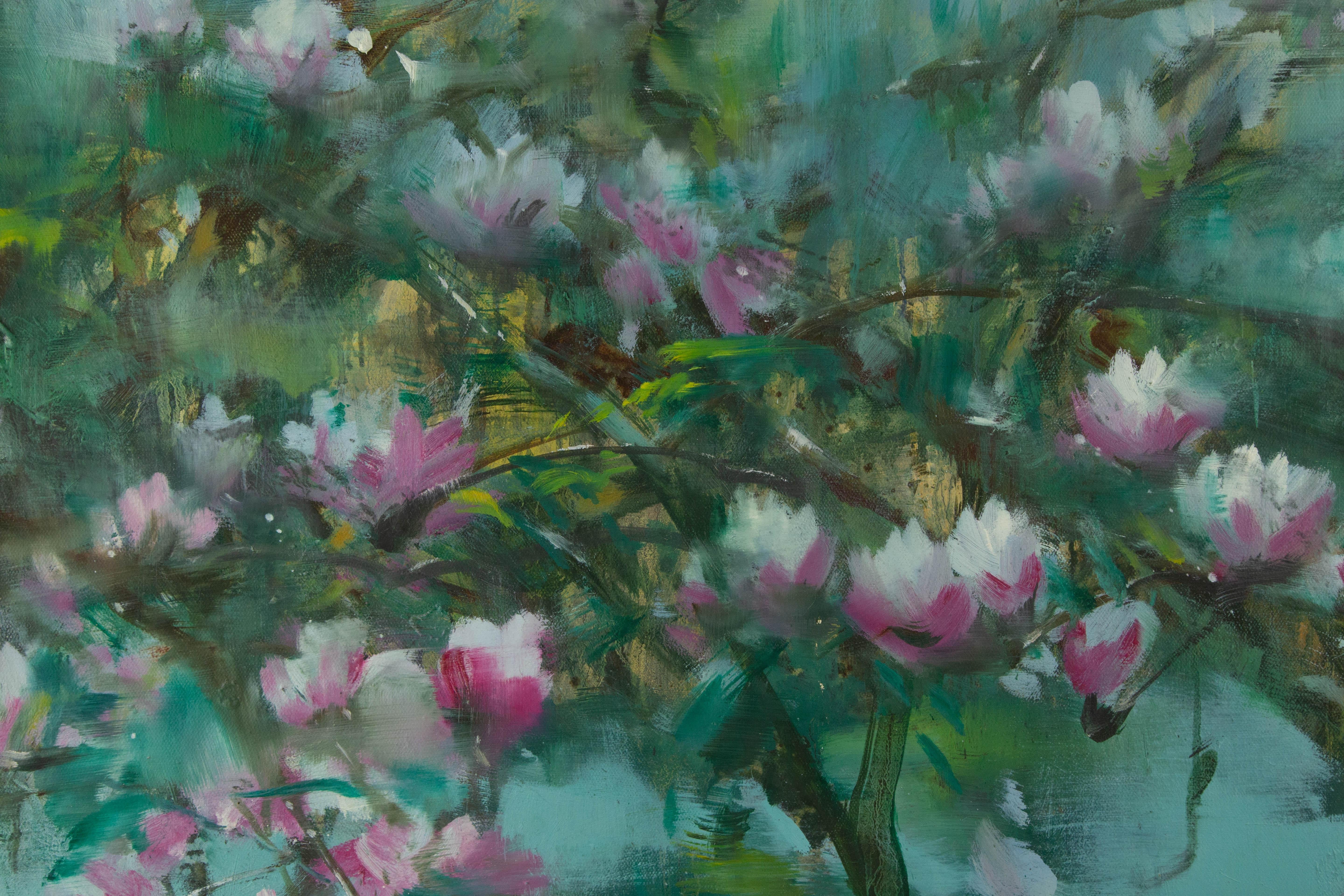 Guojun Zhang Óleo original floral sobre lienzo 